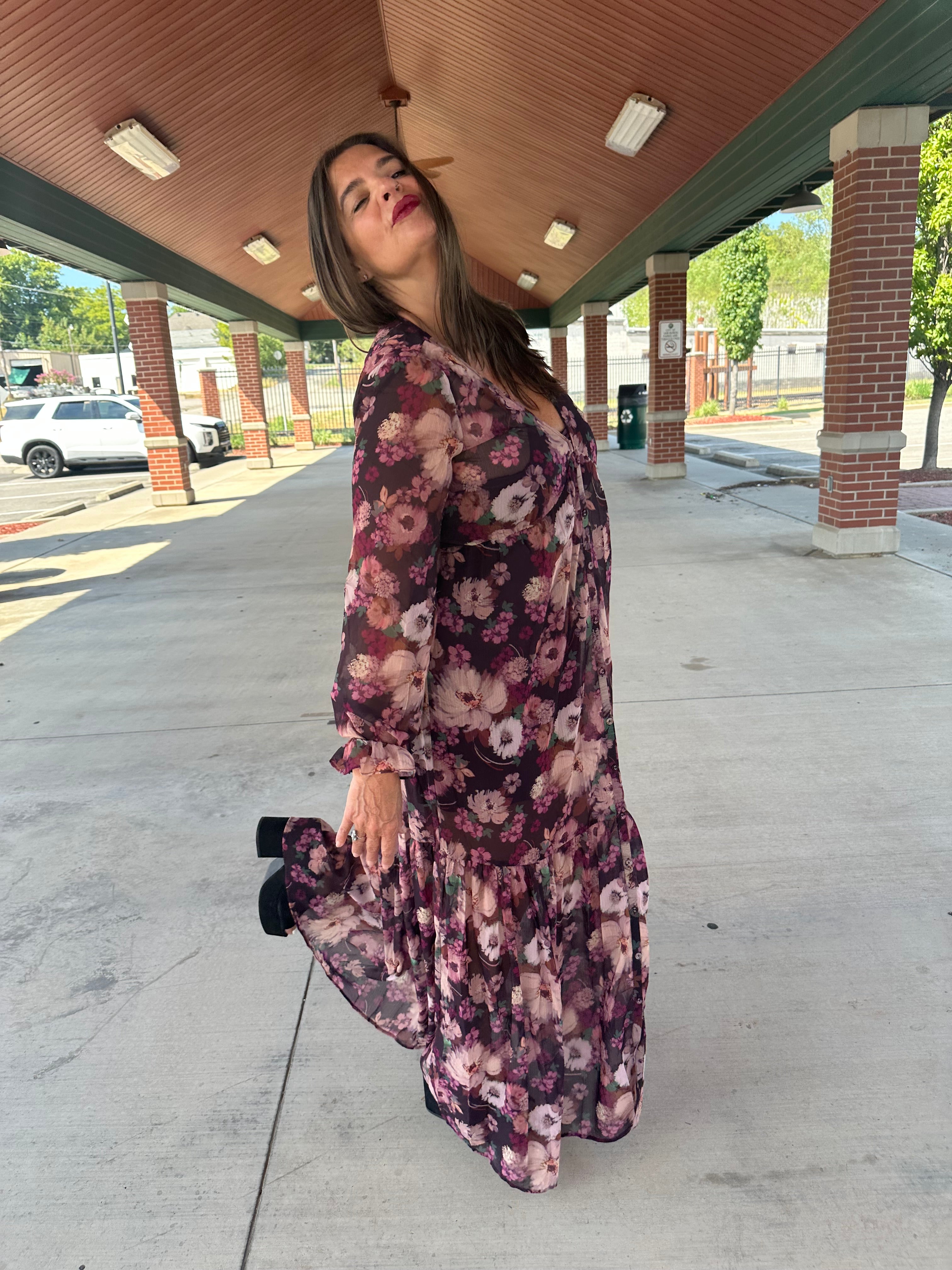 Burgundy Floral Button-Down Maxi Dress