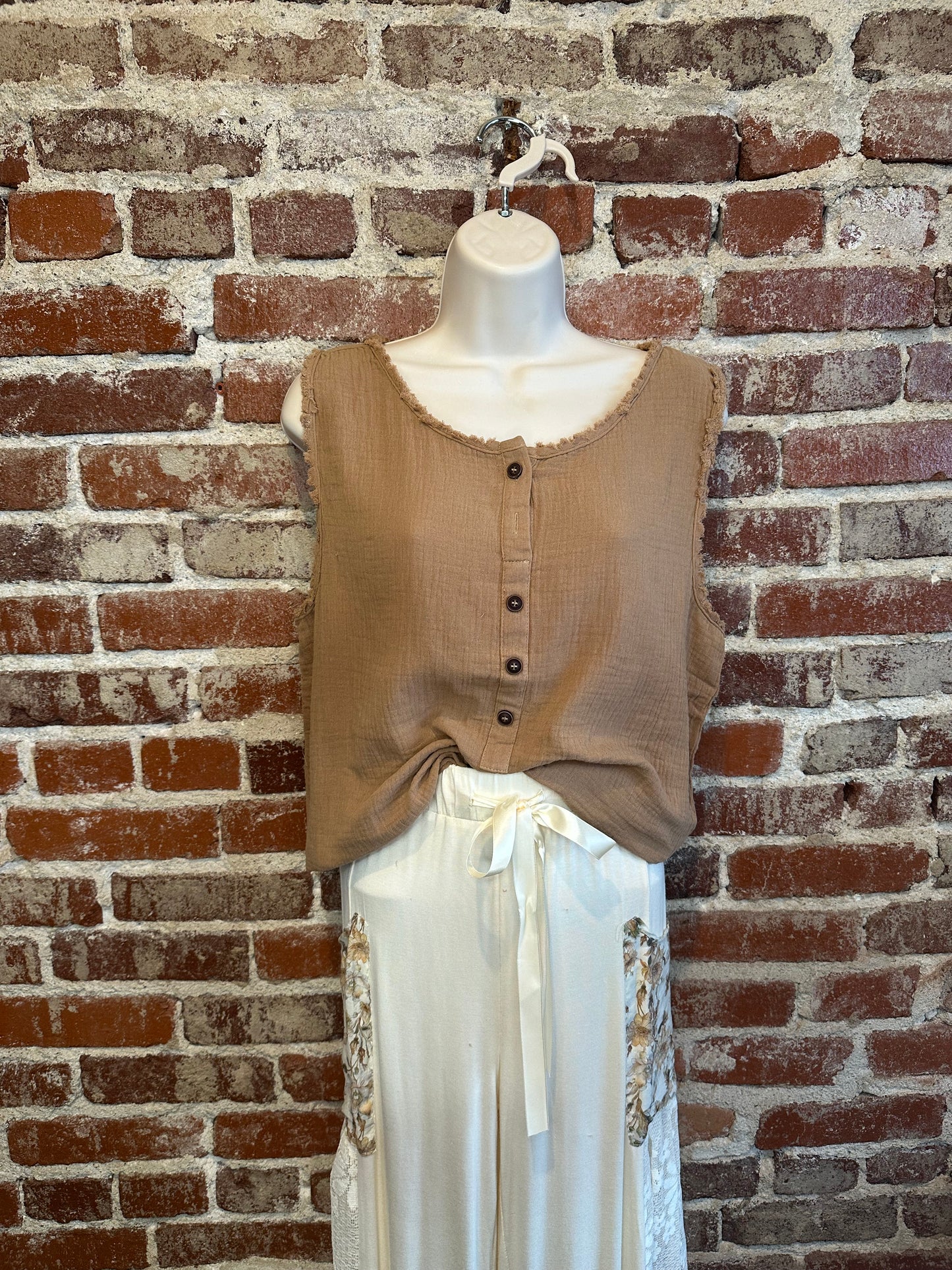 Mocha Sleeveless Henley Top with Raw Hem Sleeves