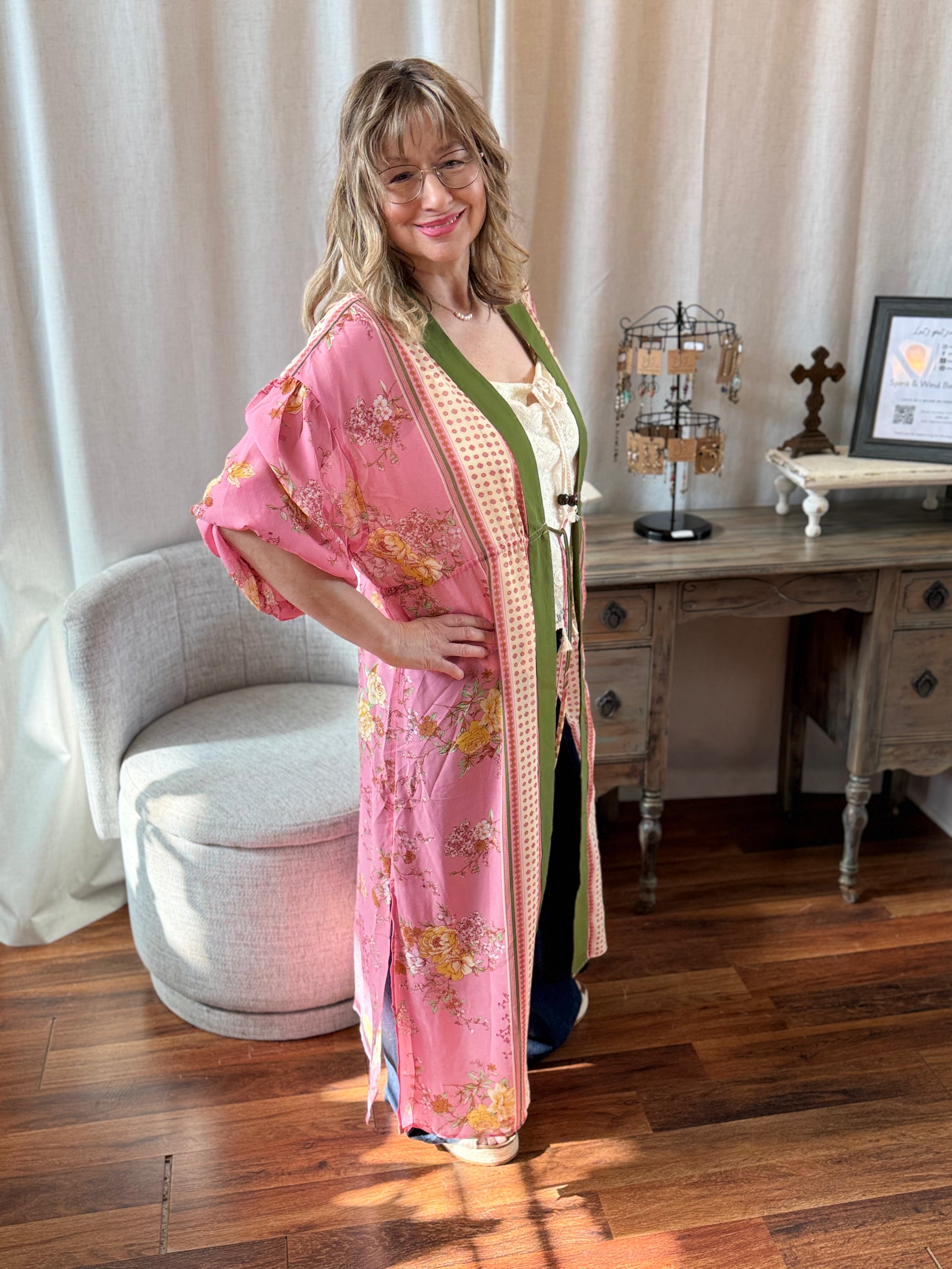 Model in coral pink maxi kimono duster - Spirit & Wind Boutique