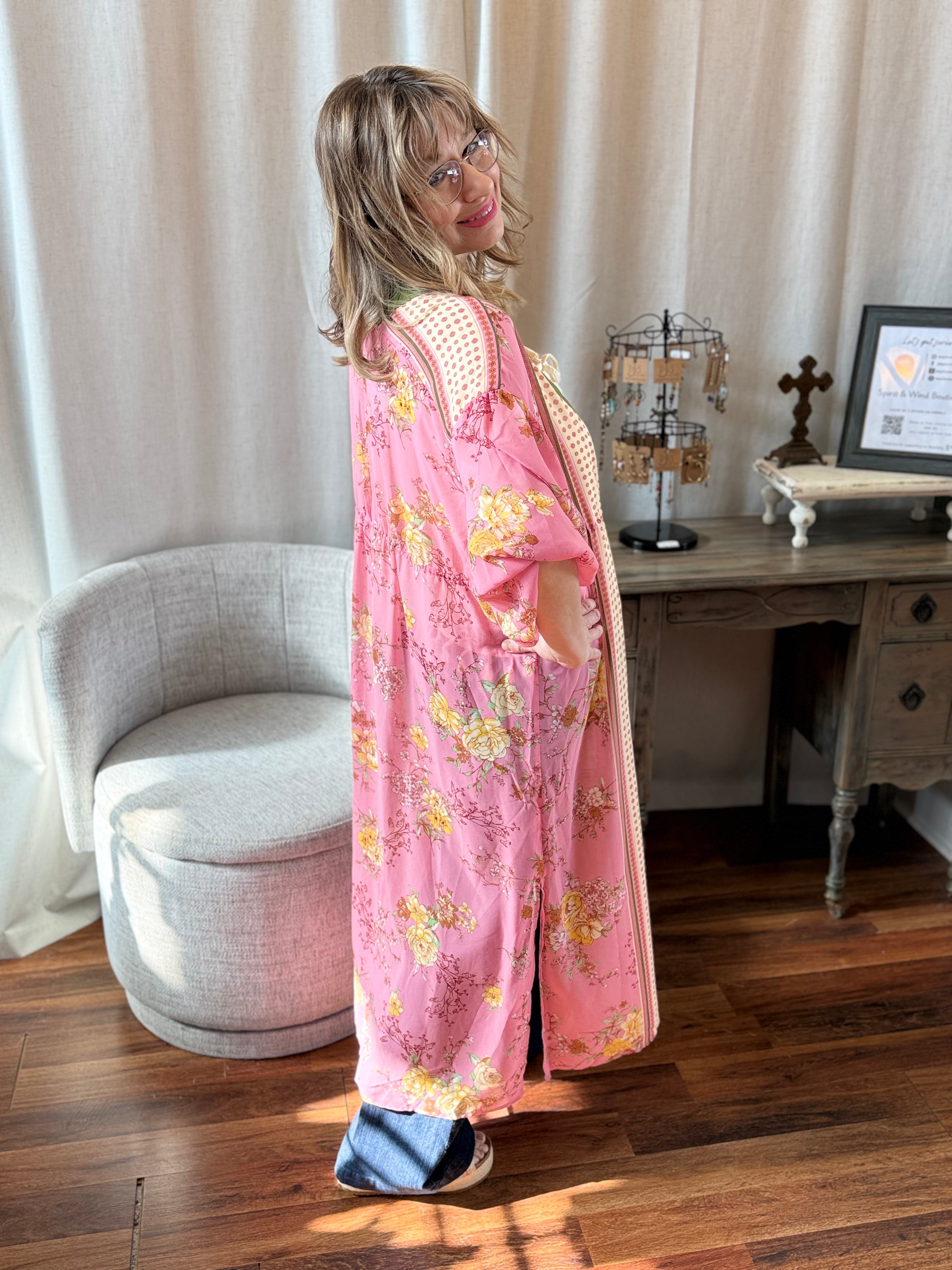 Model in coral pink maxi kimono duster - Spirit & Wind Boutique