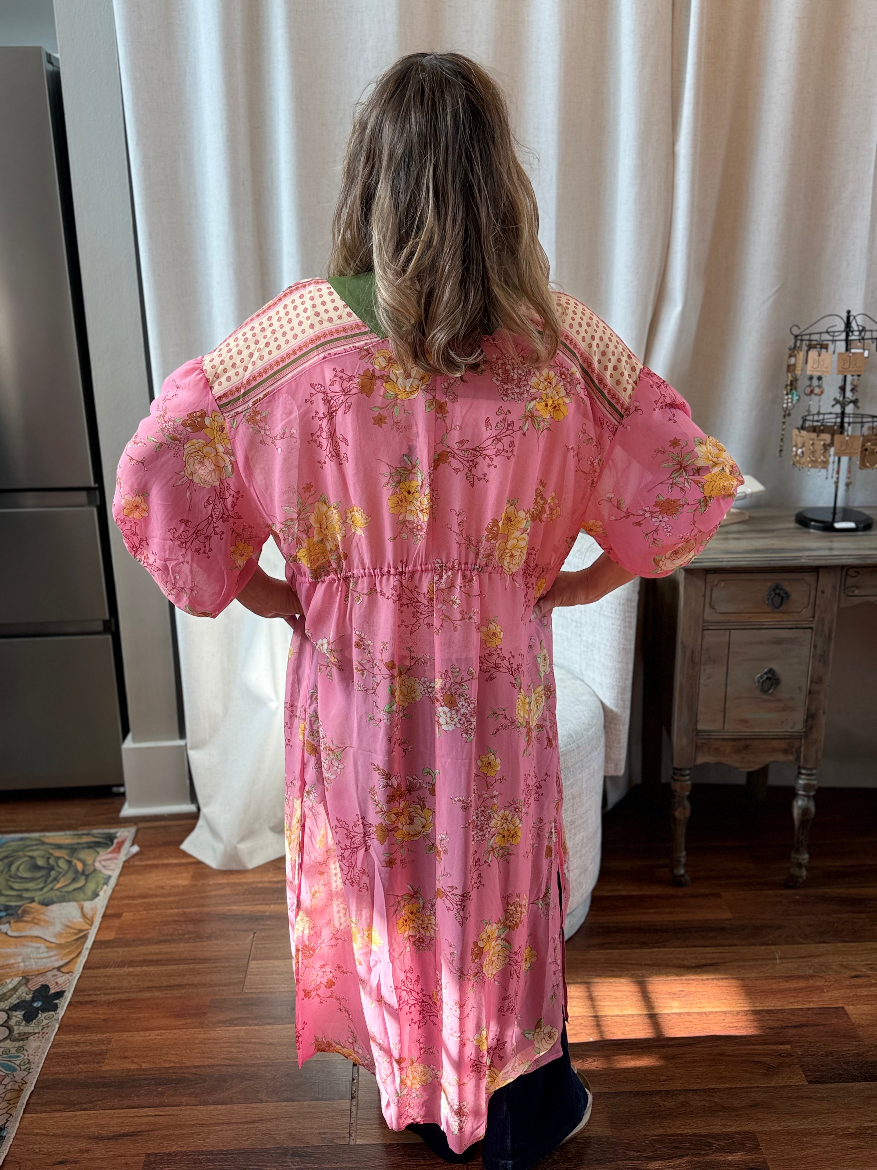 Model in coral pink maxi kimono duster - Spirit & Wind Boutique