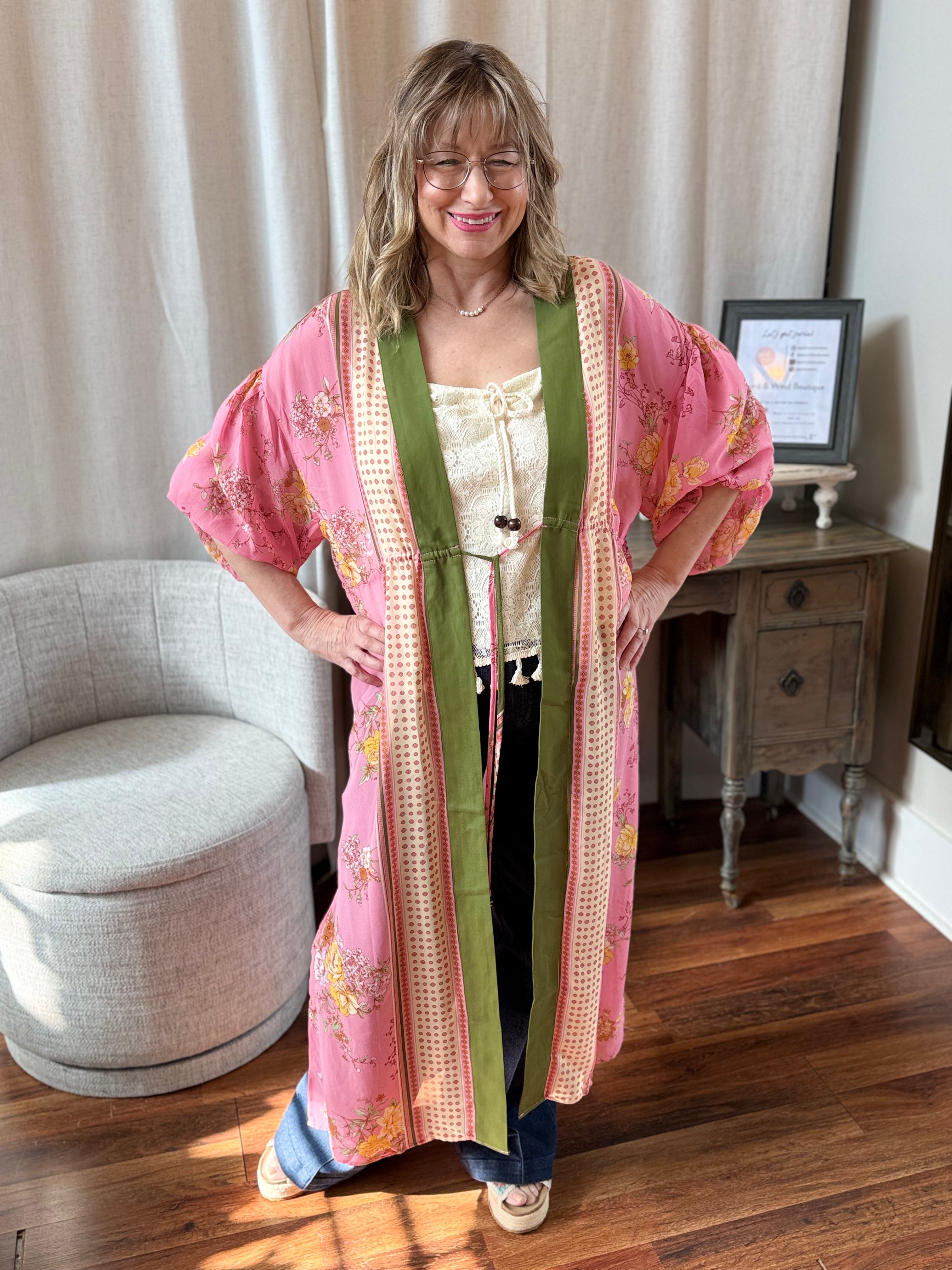 Model in coral pink maxi kimono duster - Spirit & Wind Boutique