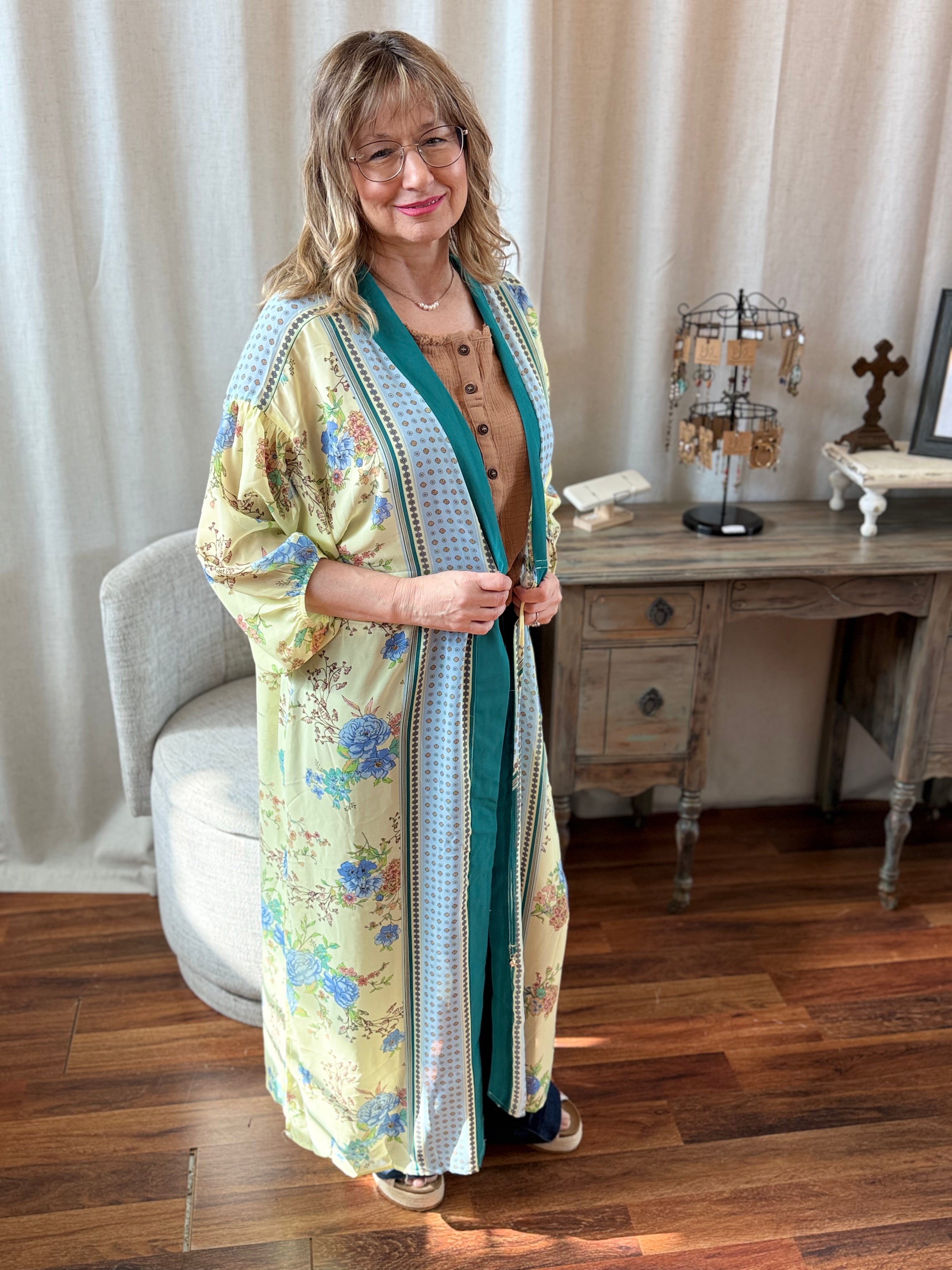 Model in lemon yellow maxi kimono duster - Spirit & Wind Boutique