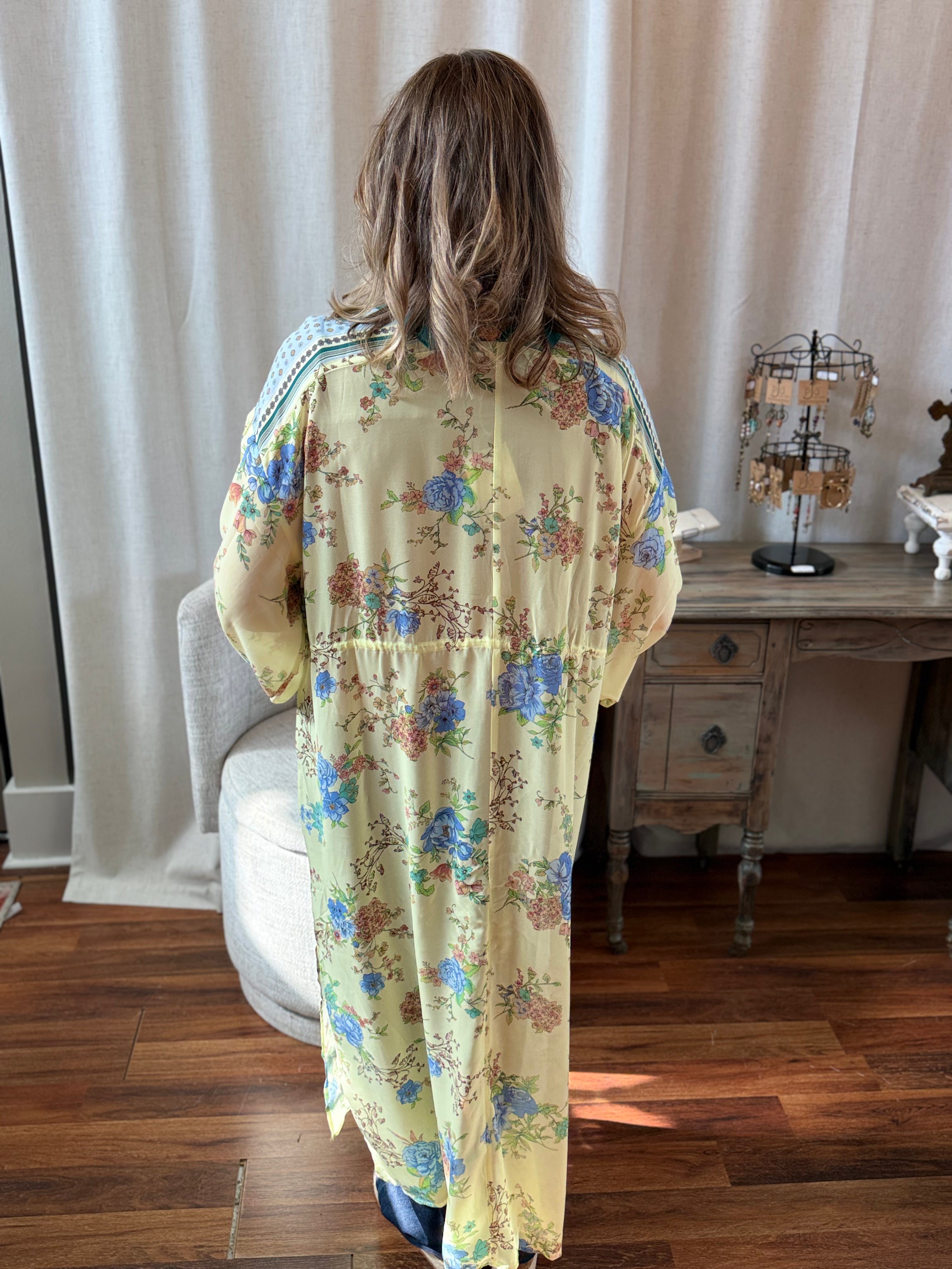 Model in lemon yellow maxi kimono duster - Spirit & Wind Boutique
