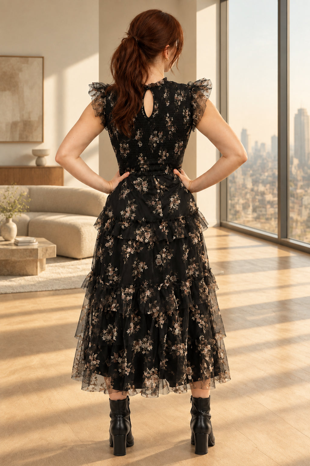 A woman with red hair tied back is shown from behind wearing a black midi dress with a floral pattern and sheer ruffled sleeves, standing in a living room.