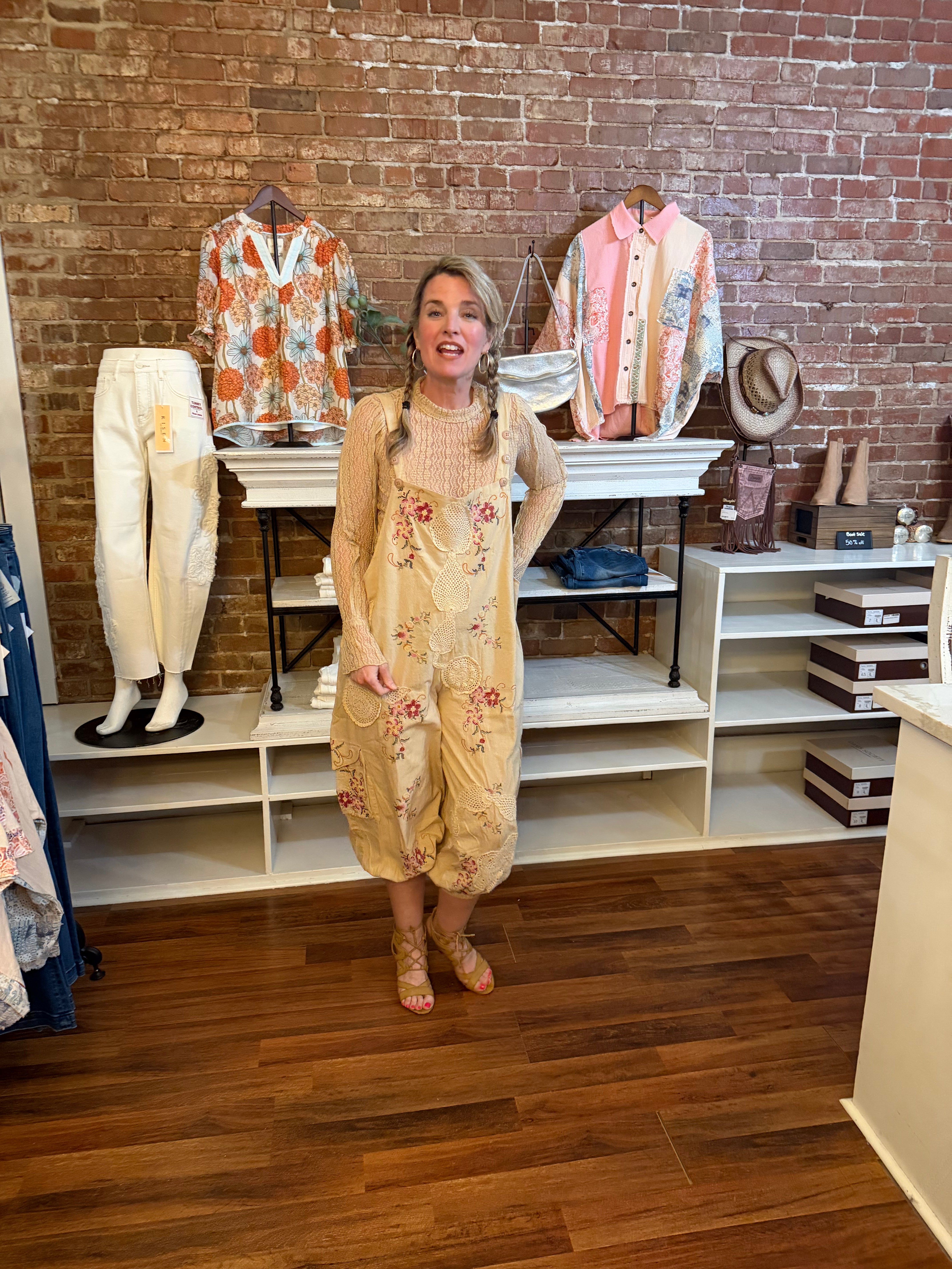 The Gypsy Soul Overalls back view showing relaxed loose fit and vintage boho style