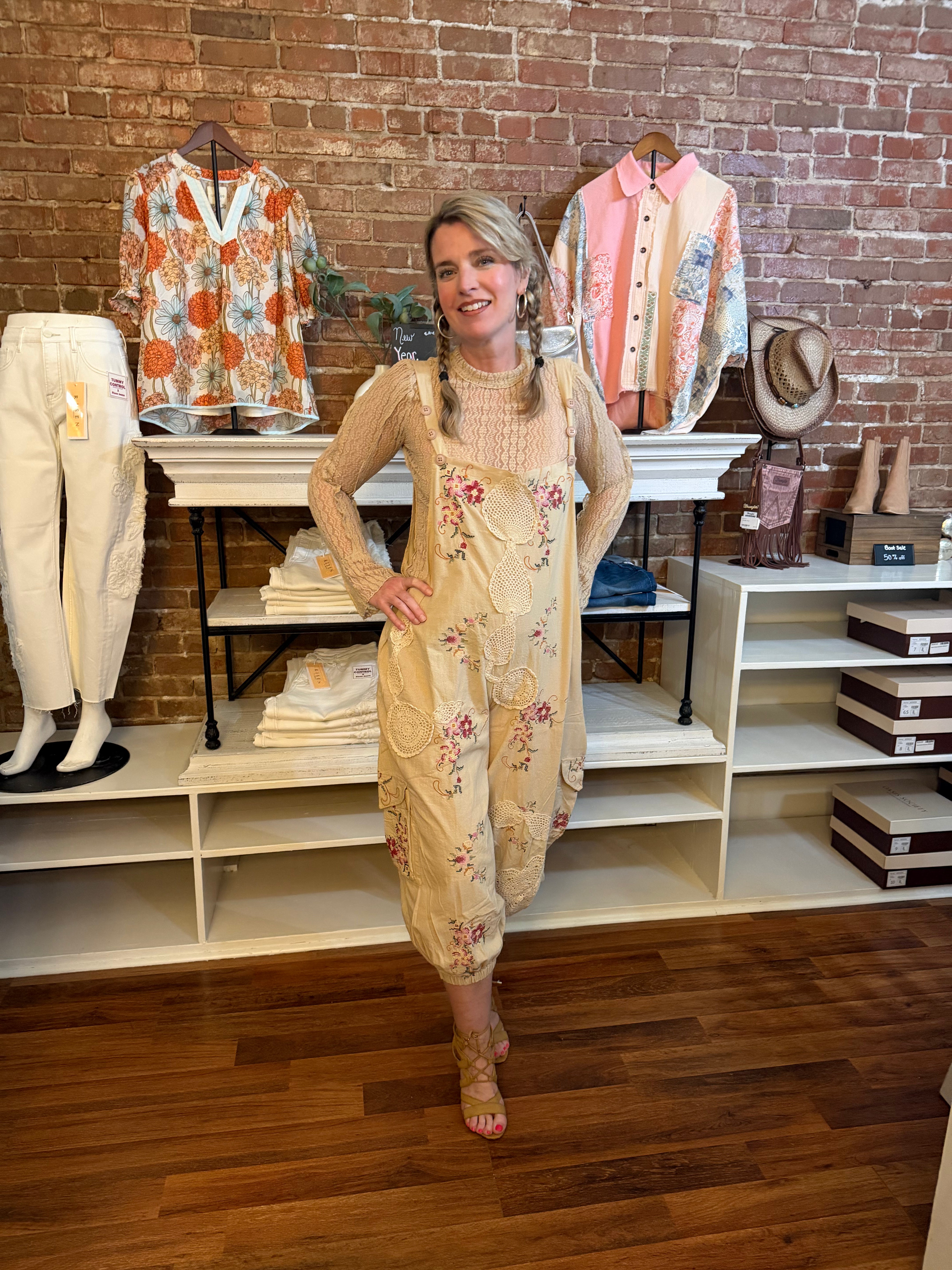 The Gypsy Soul Overalls - USA made embroidered cotton overalls with adjustable straps, front view