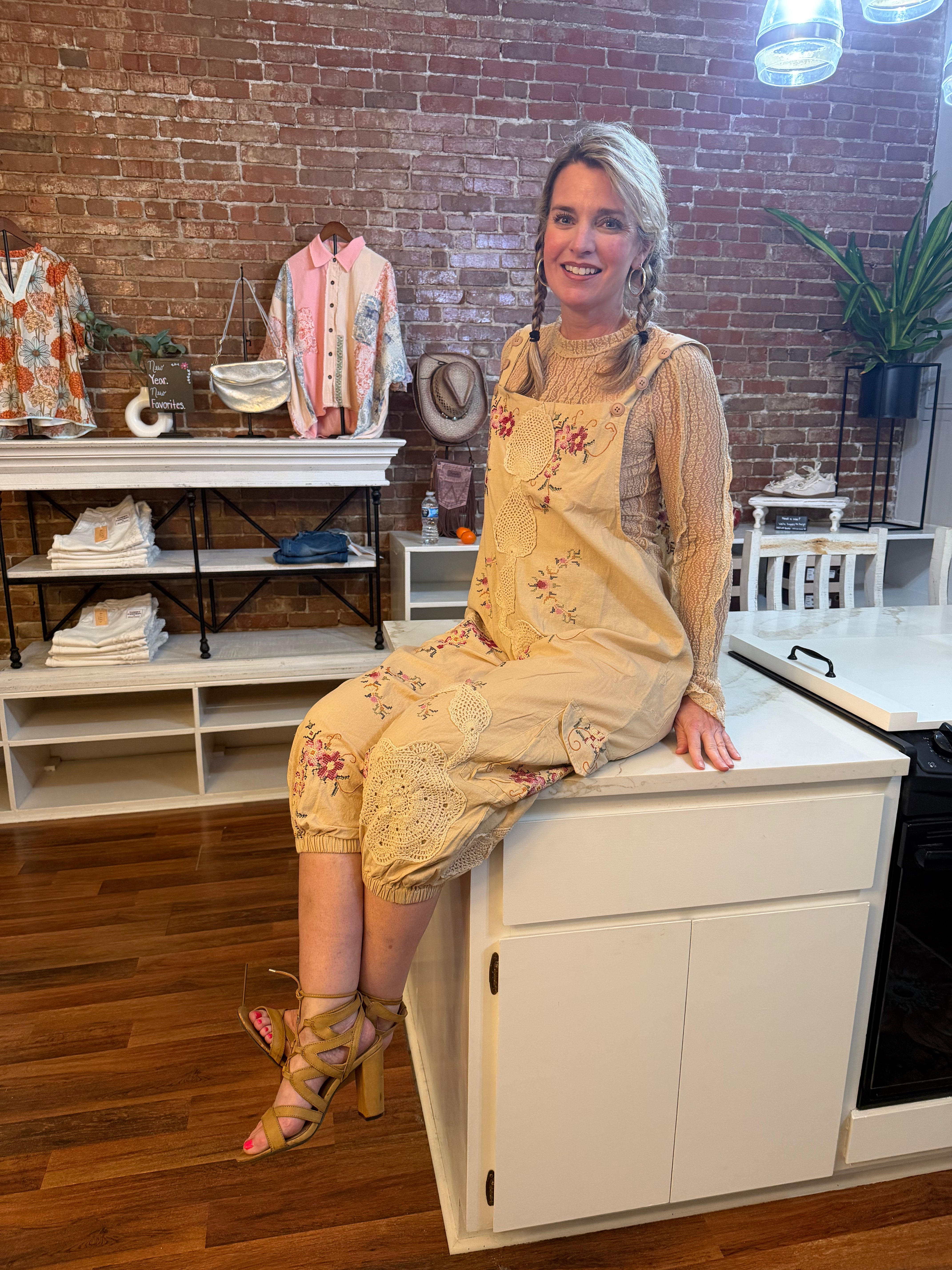 The Gypsy Soul Overalls styled with a mesh top  with bell sleeves and strappy heel sandals - casual boho look