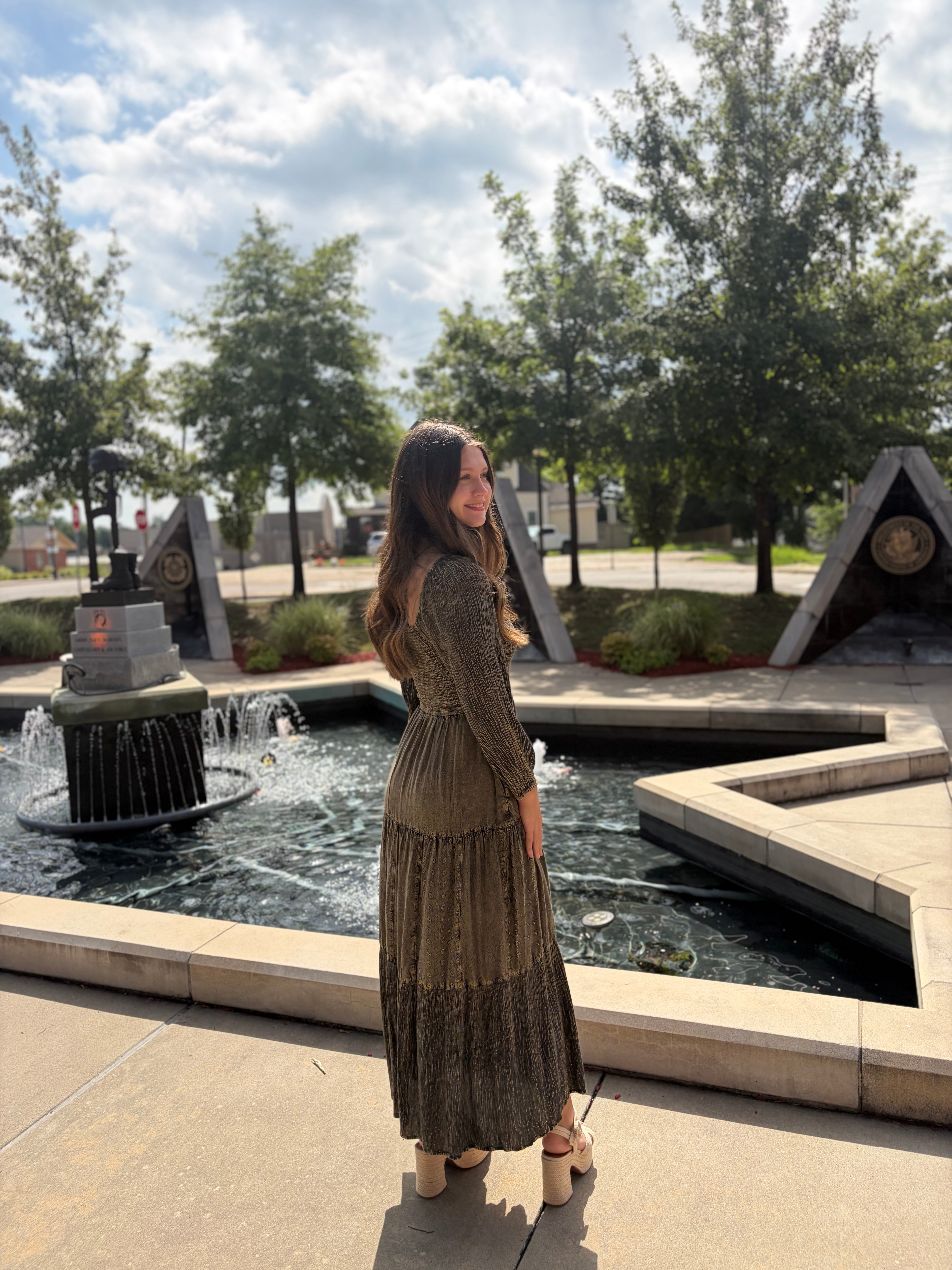 Amber tiered maxi dress with long sleeves and sweeping tiered skirt 