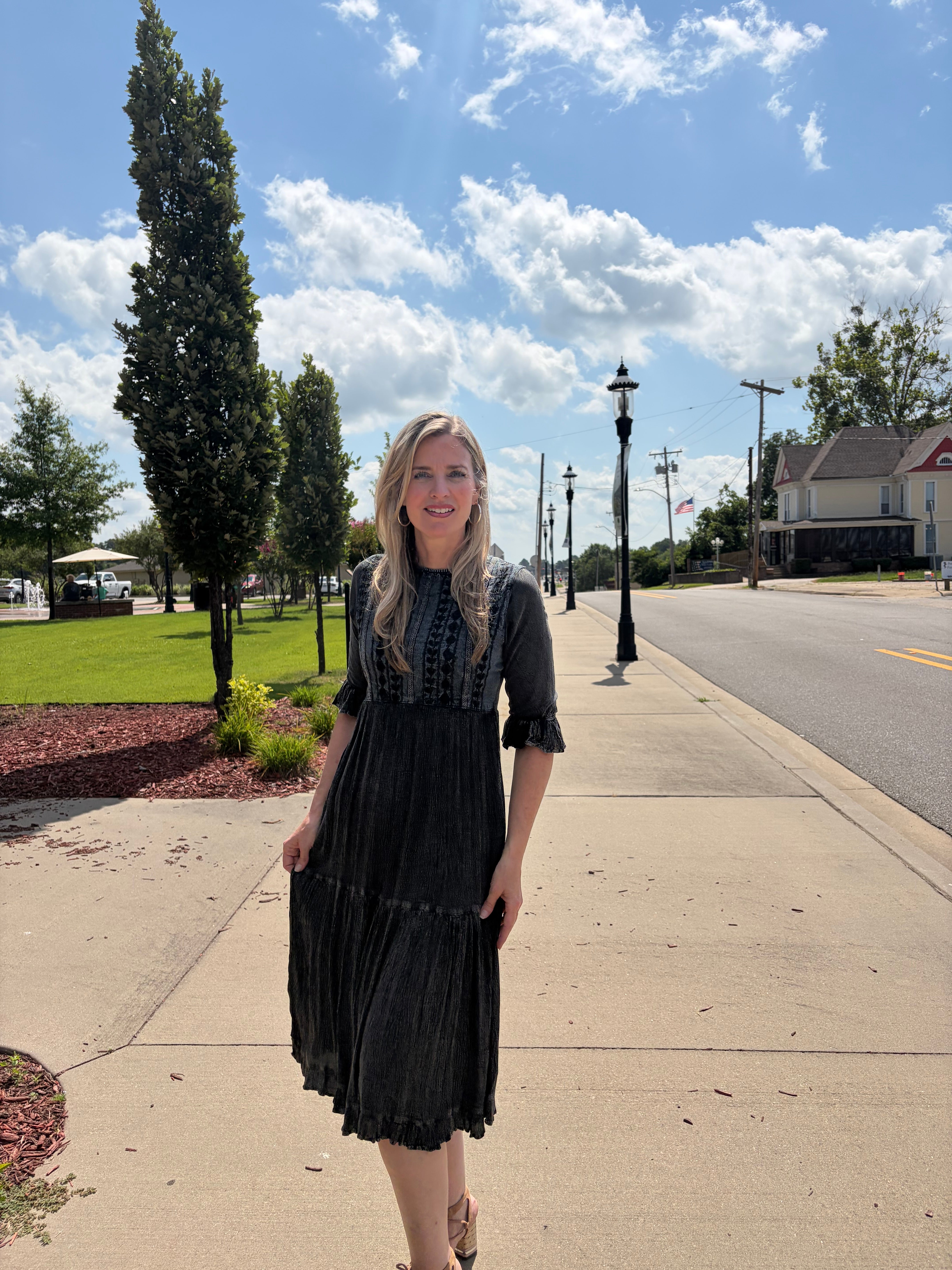 Charcoal denim fusion tiered midi dress with Aari embroidered bodice and 3/4 bell sleeves 