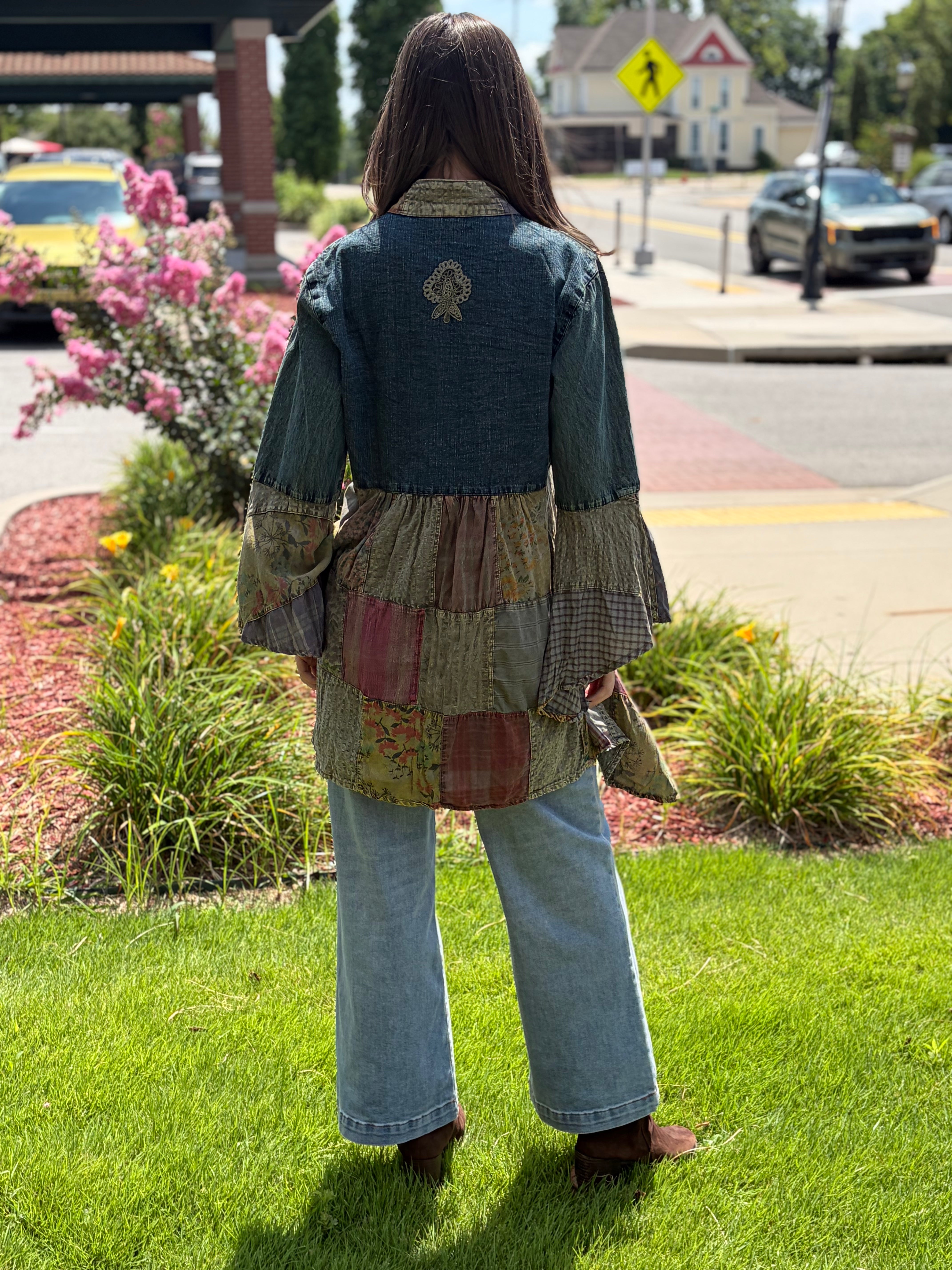Outdoor back view, denim upper + patchwork lower