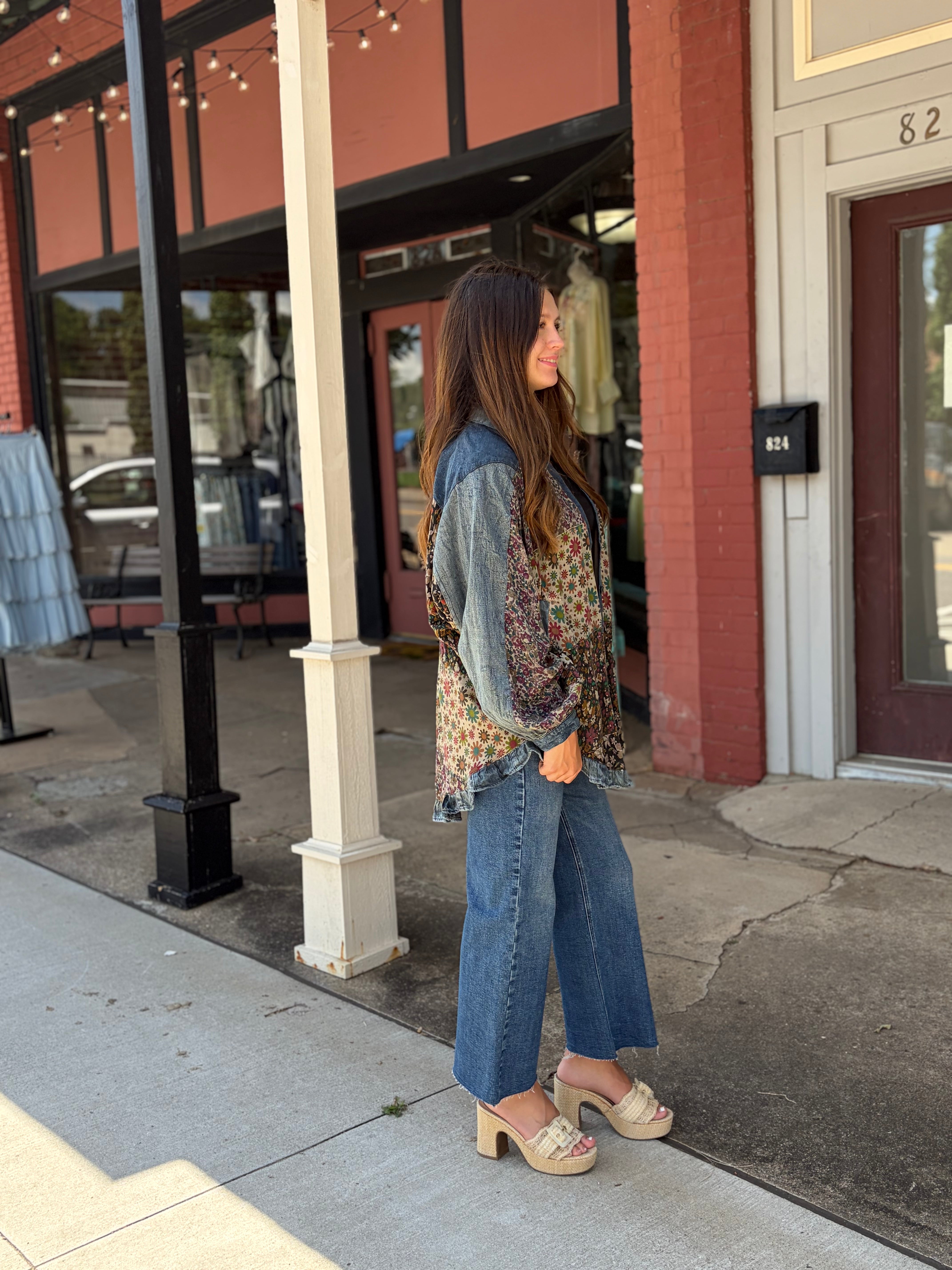 Outdoor side view smiling, full silhouette with ruffled hem