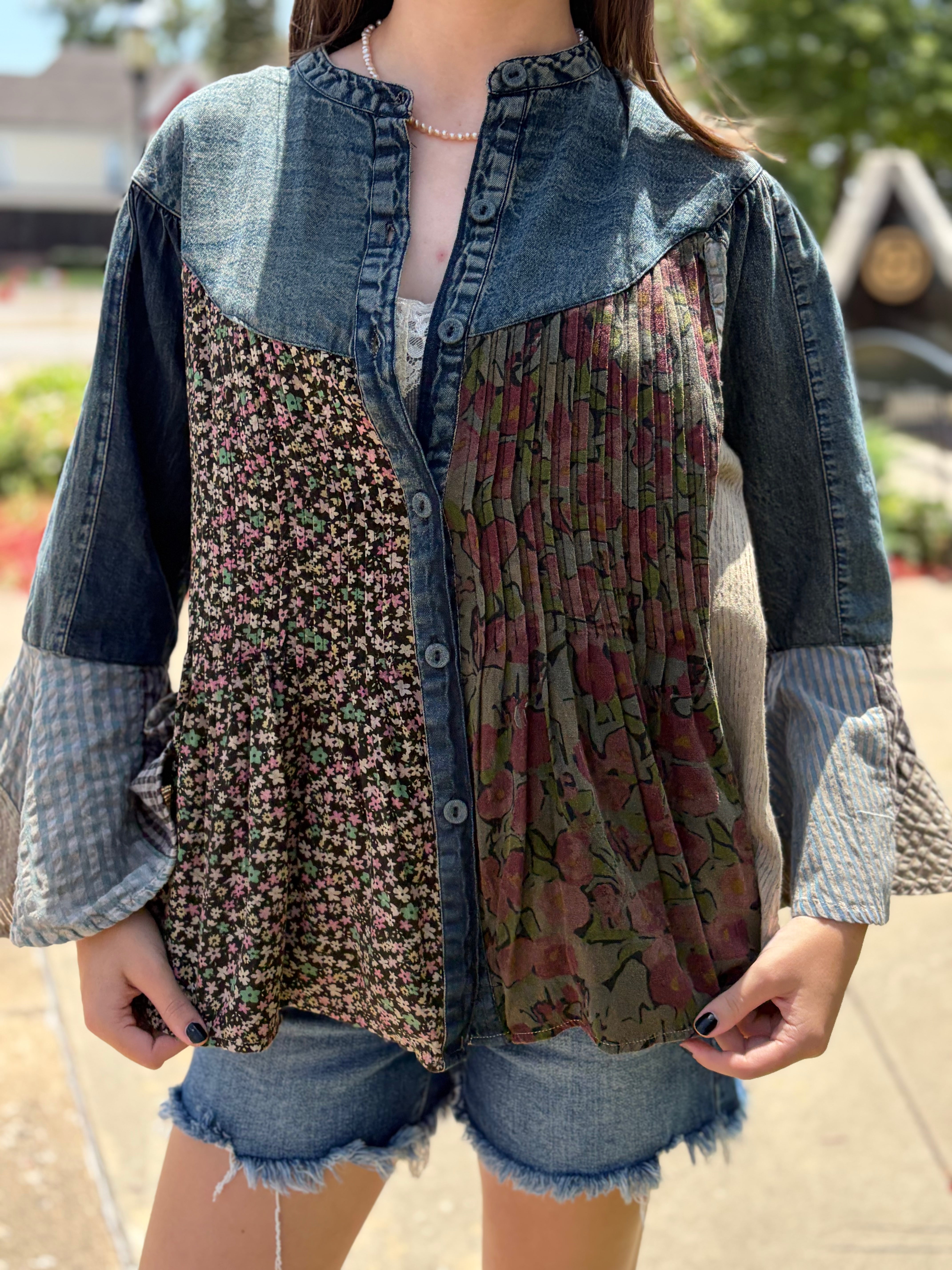Close-up front detail, denim western yoke, ditsy floral + pleated olive floral panels, button placket