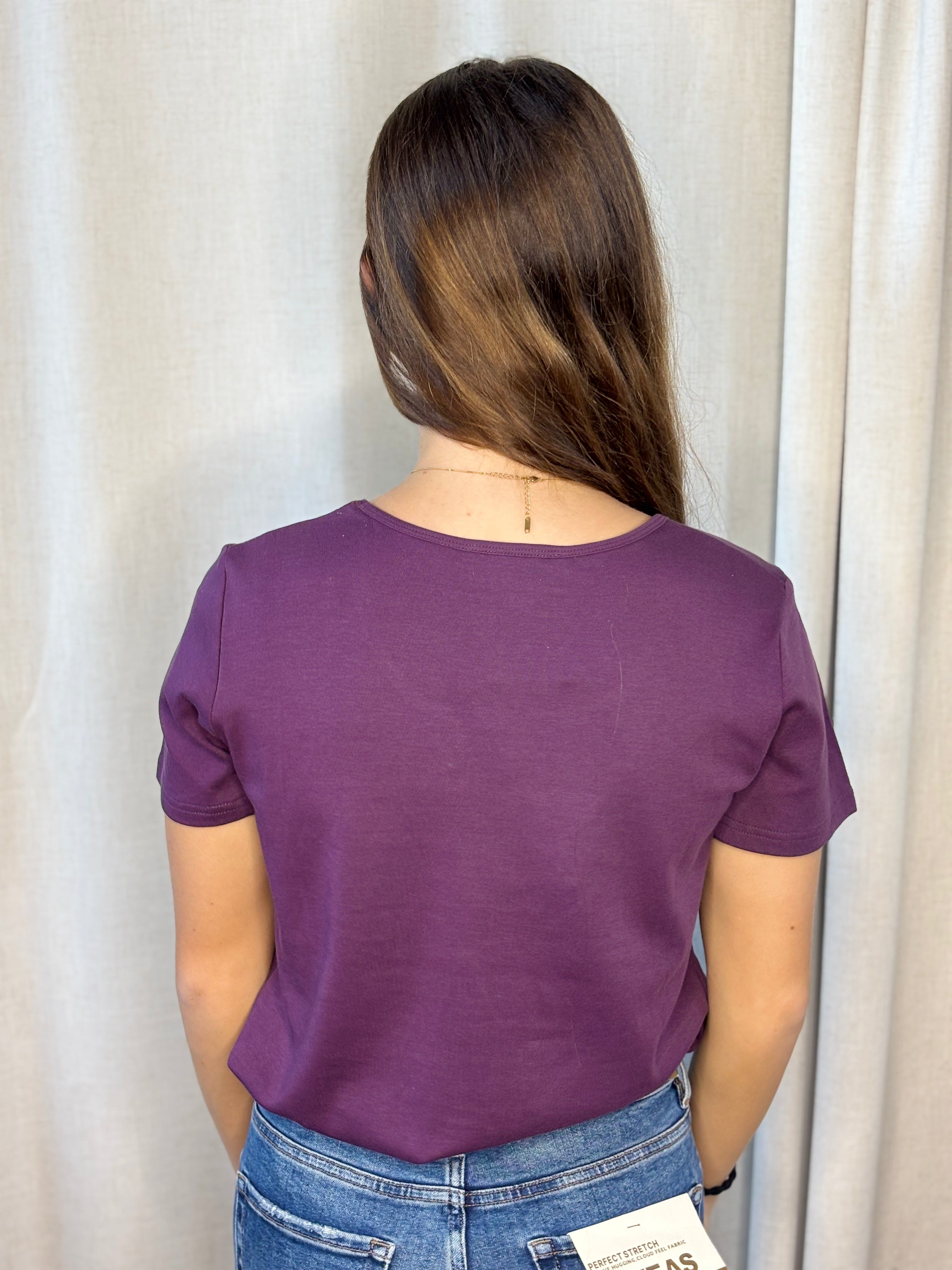 Anü Birds & Butterflies Embroidered Tee in plum — back view showing clean scoop neckline and cotton finish