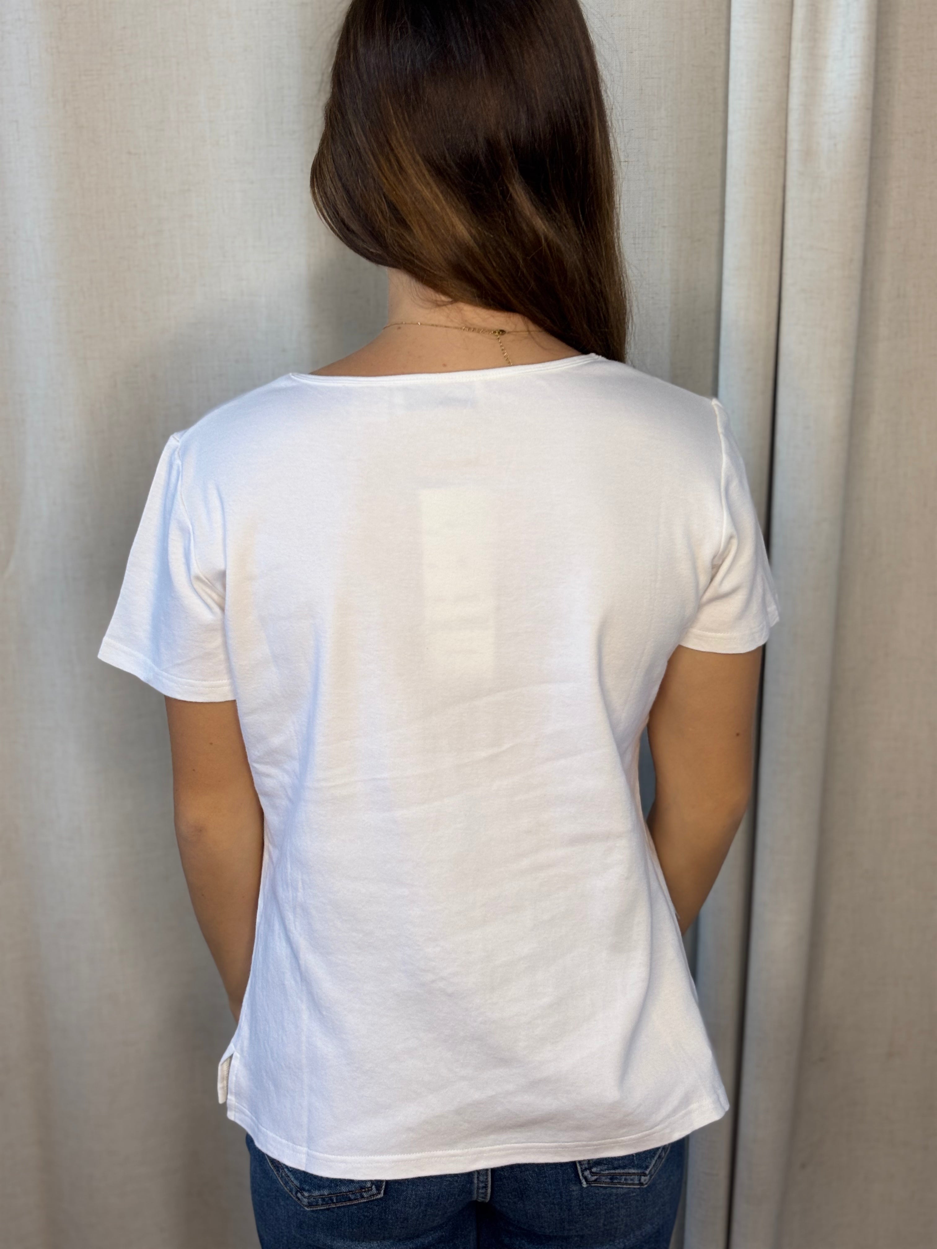 Anü Birds & Butterflies Embroidered Tee in white — back view showing clean cotton finish and scoop neckline