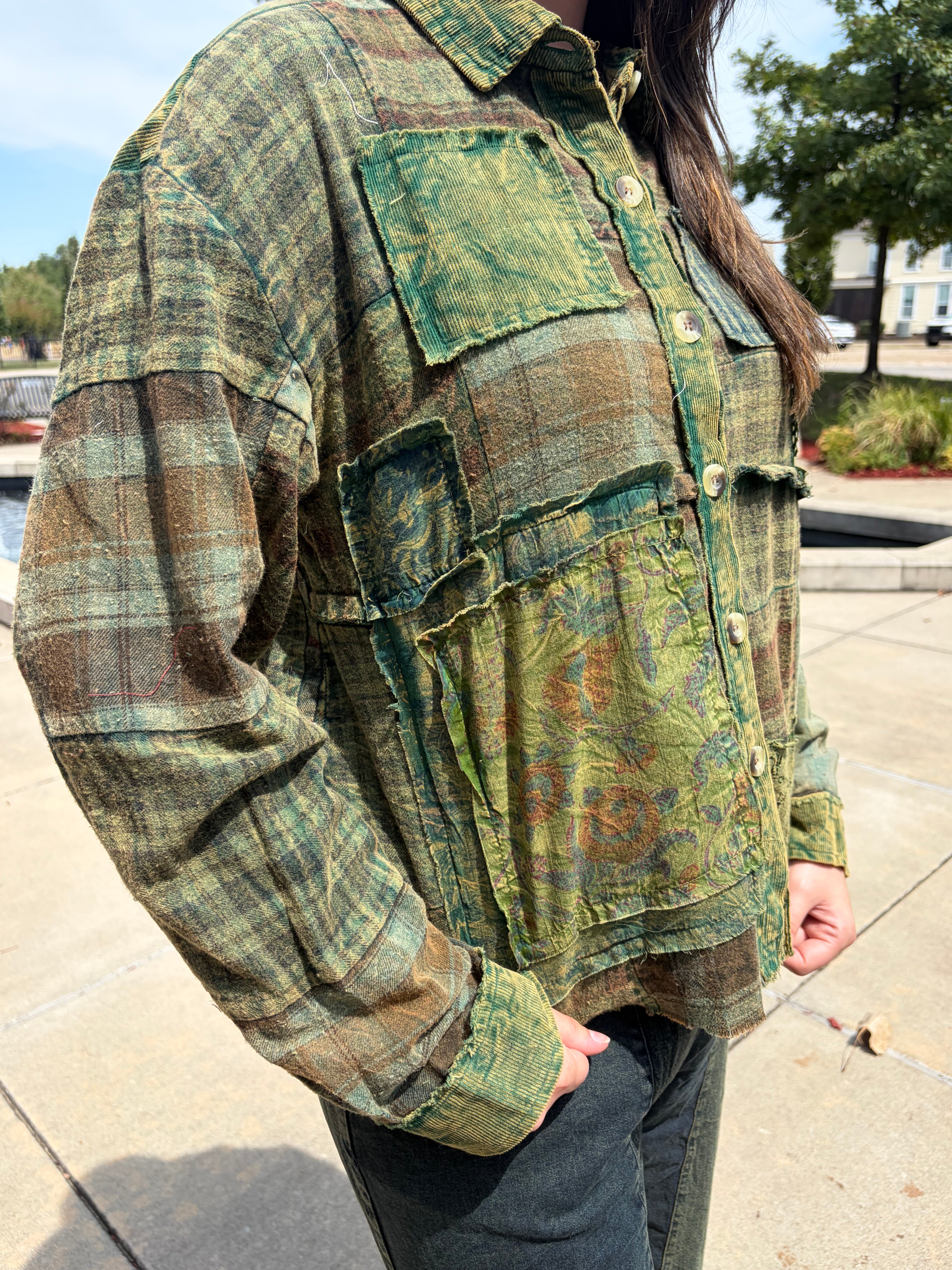 Olive Patchwork Plaid Overshirt Jacket