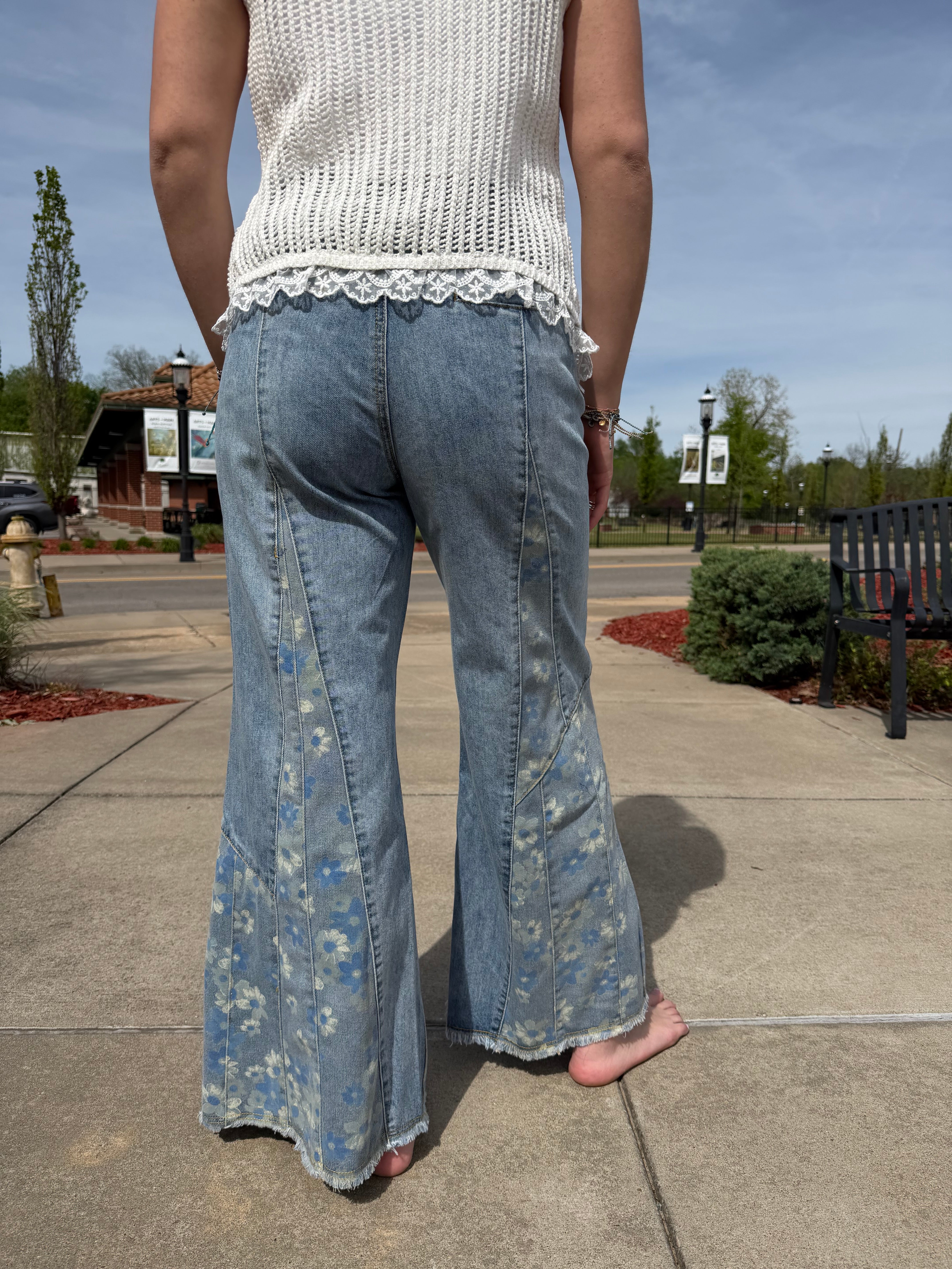 Back view of Botanica Flare Jean in floral print