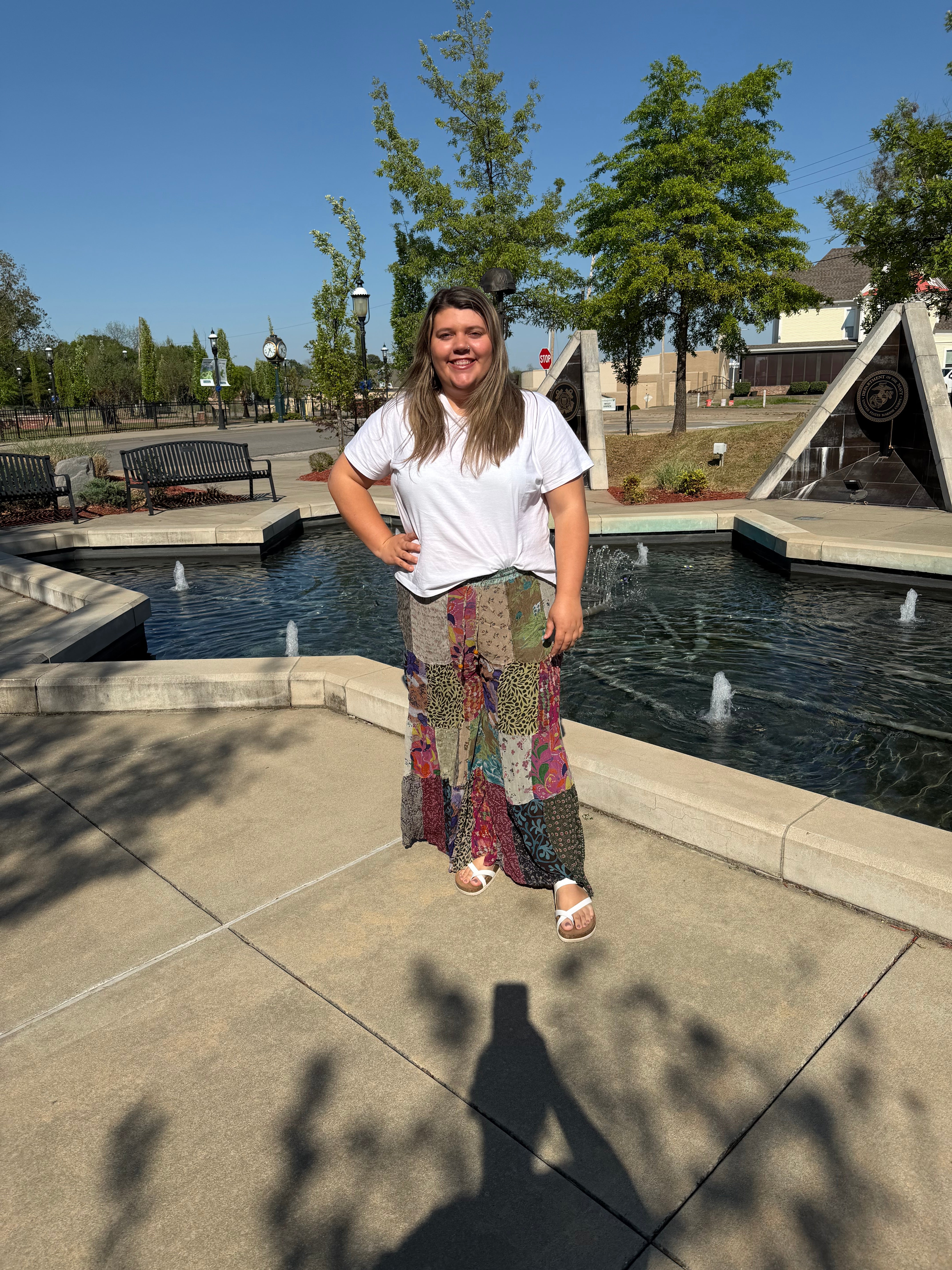 Retro Revival Patchwork Flare Pants Plus – Full-length boho flare pants with elasticated waist and drawstrings| Spirit & Wind Boutique