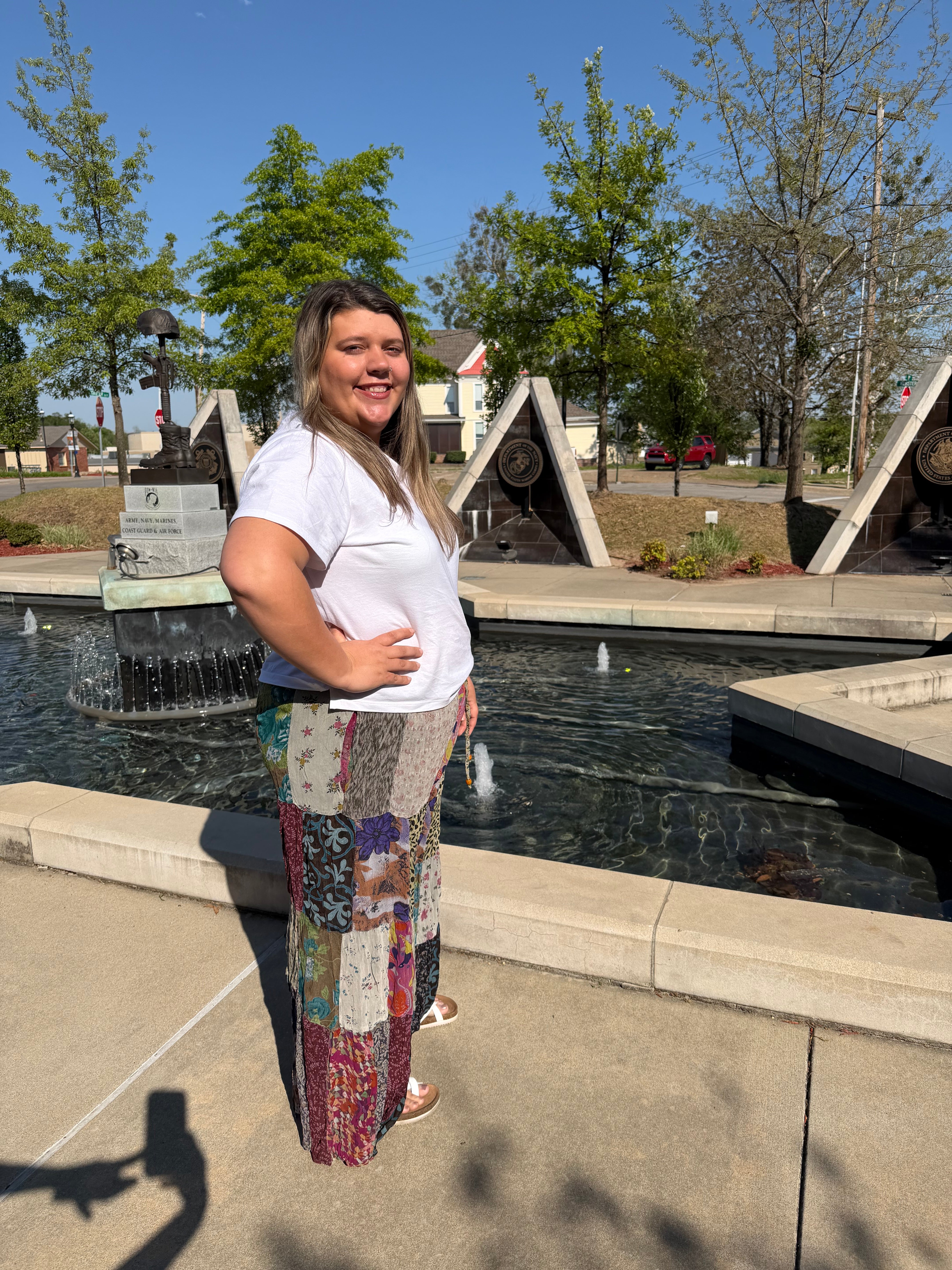 Retro Revival Patchwork Flare Pants Plus – Grey georgette flare silhouette with patchwork panels | Spirit & Wind Boutique