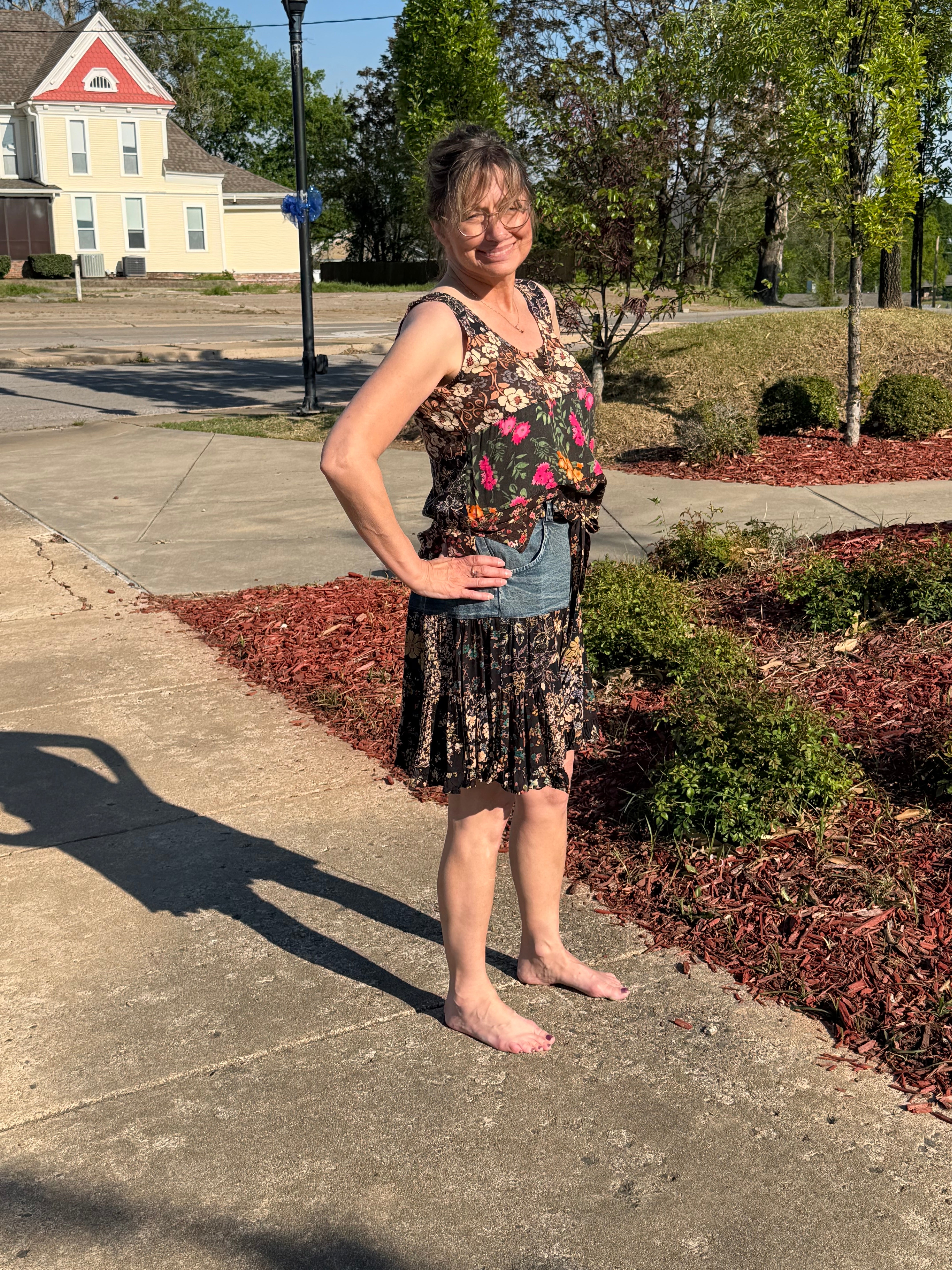 Boho Patchwork Denim Set – Sleeveless floral patchwork denim tank that has rayon print mini skirt with pockets | Spirit & Wind Boutique
