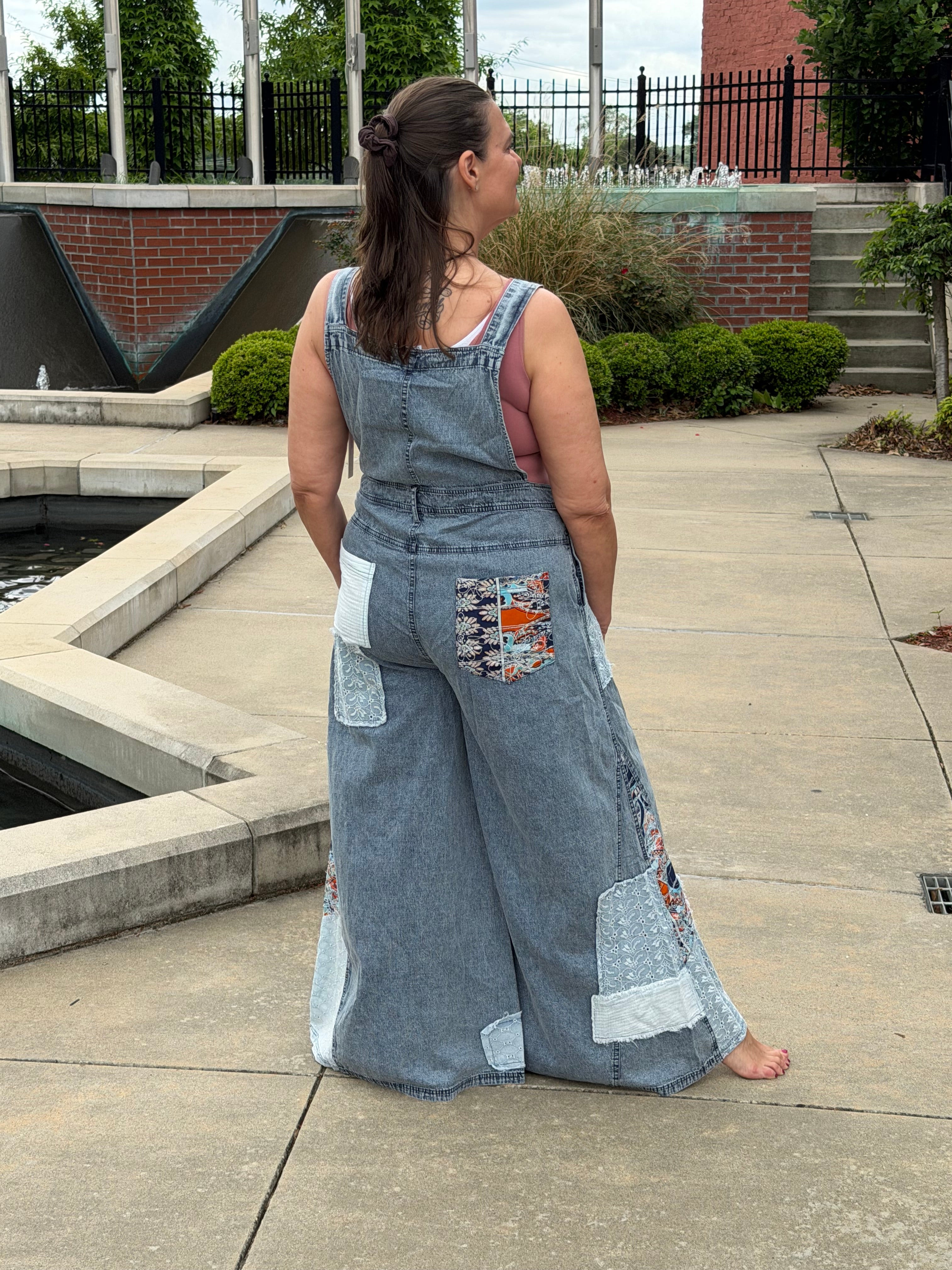 Jeanette Patchwork Wide-Leg Denim Overalls in Blue – boho garment-washed full-length back view
