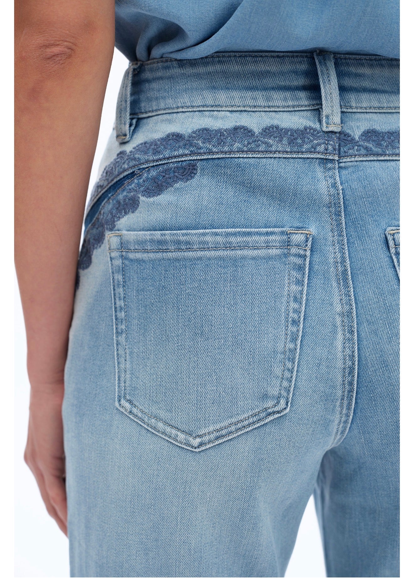 Back view of Erika Embroidered Patchwork Jean – artisan floral embroidery panel, high-rise wide-leg jean, side view, Spirit & Wind Boutique

