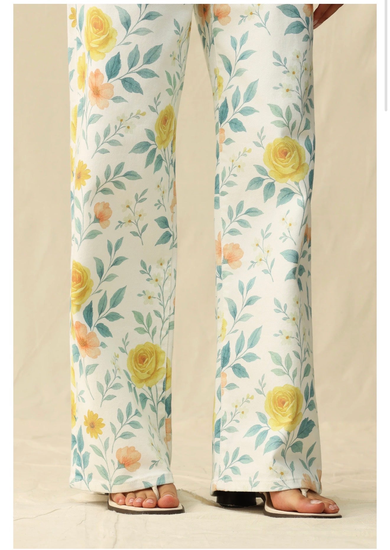 Flora Watercolor Jean – wide-leg watercolor bloom print, close up, boho-luxe style, Spirit & Wind Boutique from Bayeas Jeans

