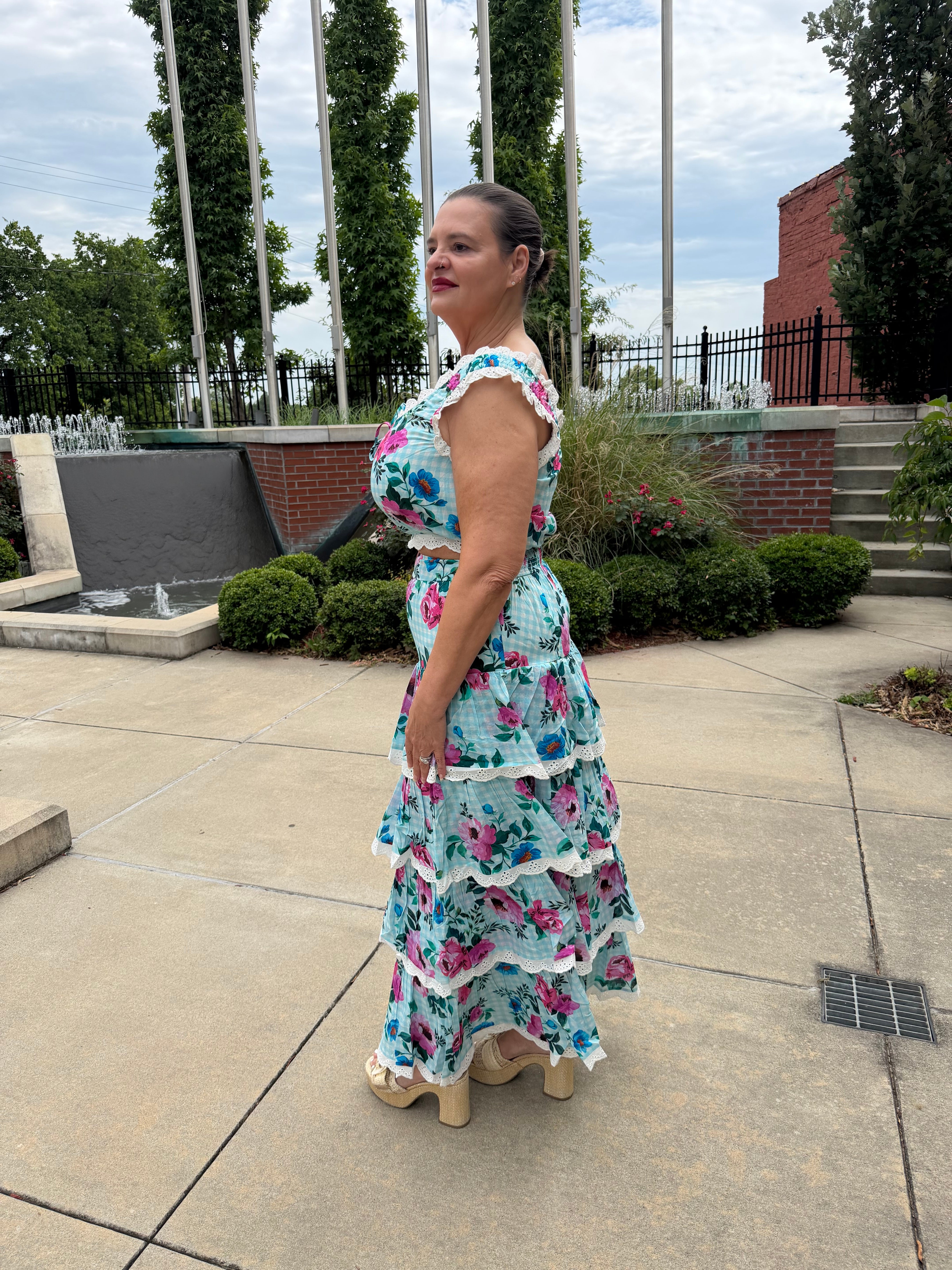 The Monet Floral Maxi Skirt – tiered floral maxi, side view
