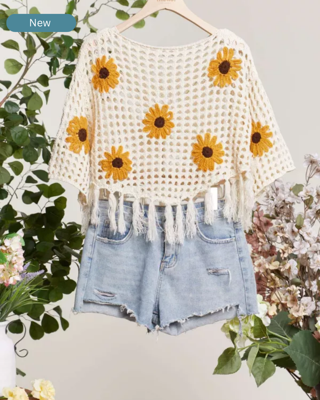 Boat Neck Fishnet SunFlower Top with Fringe detail