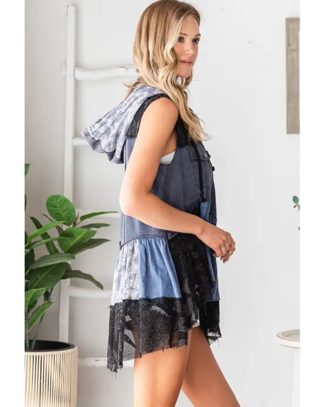 Blue Mix Media Mineral Wash Ruffle Flare Hem Hooded Vest Top