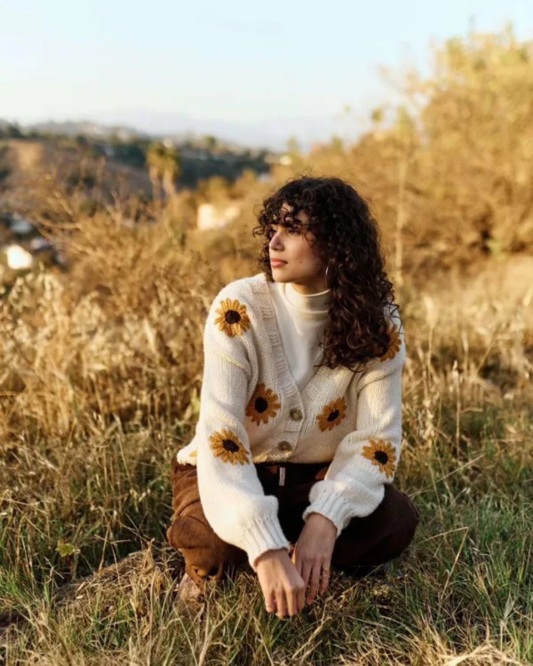 Sunflower Embroidered Button Down V Neck Cardigan