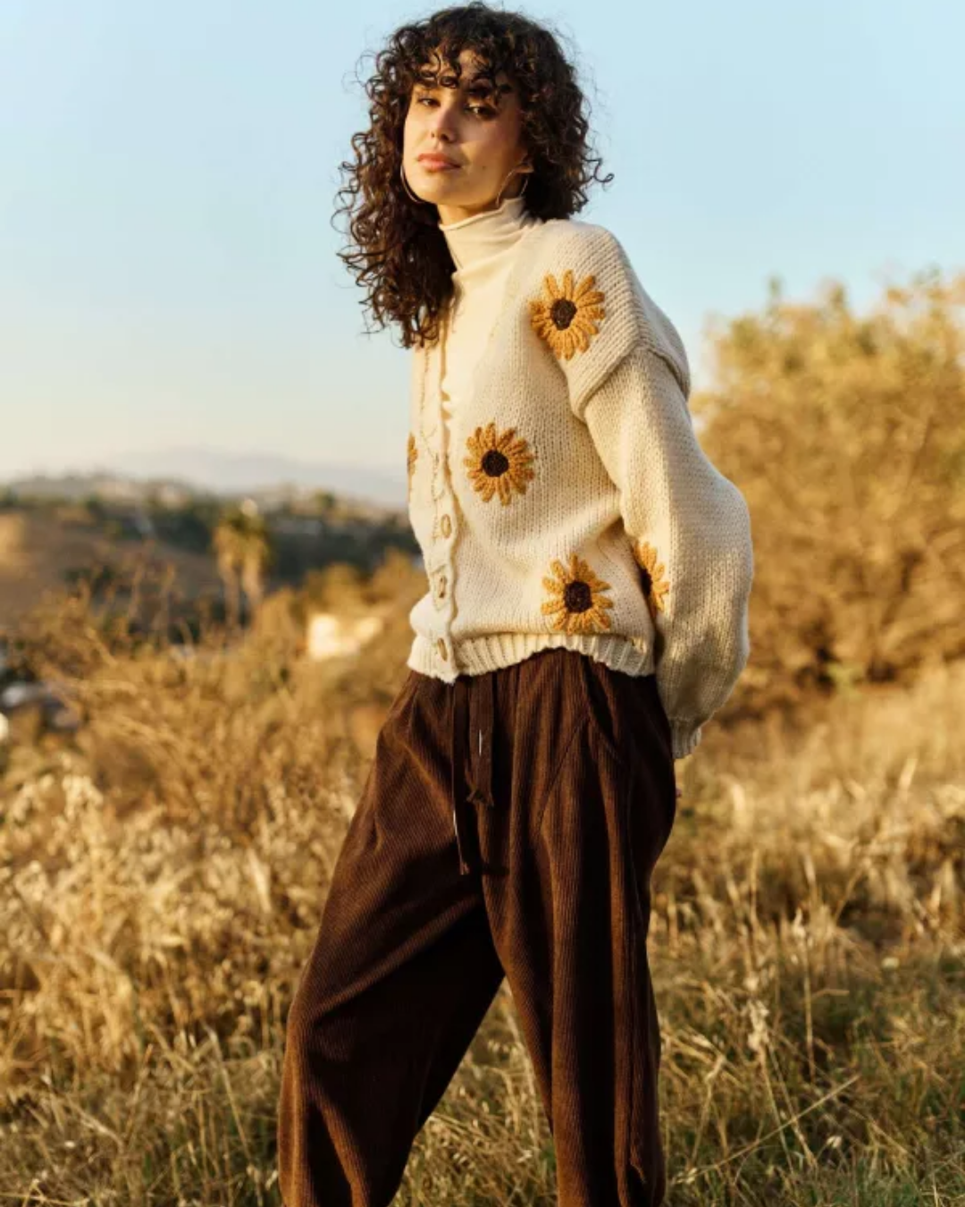 Sunflower Embroidered Button Down V Neck Cardigan