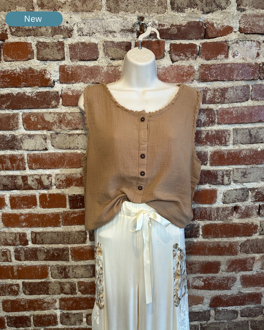 Mocha Sleeveless Henley Top with Raw Hem Sleeves