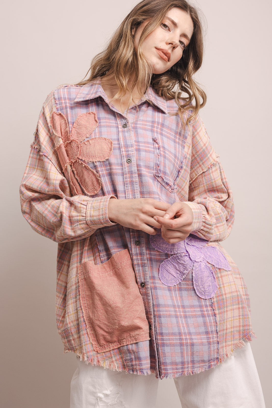 Front view, pink & lavender raw-edge daisy appliqués, button front