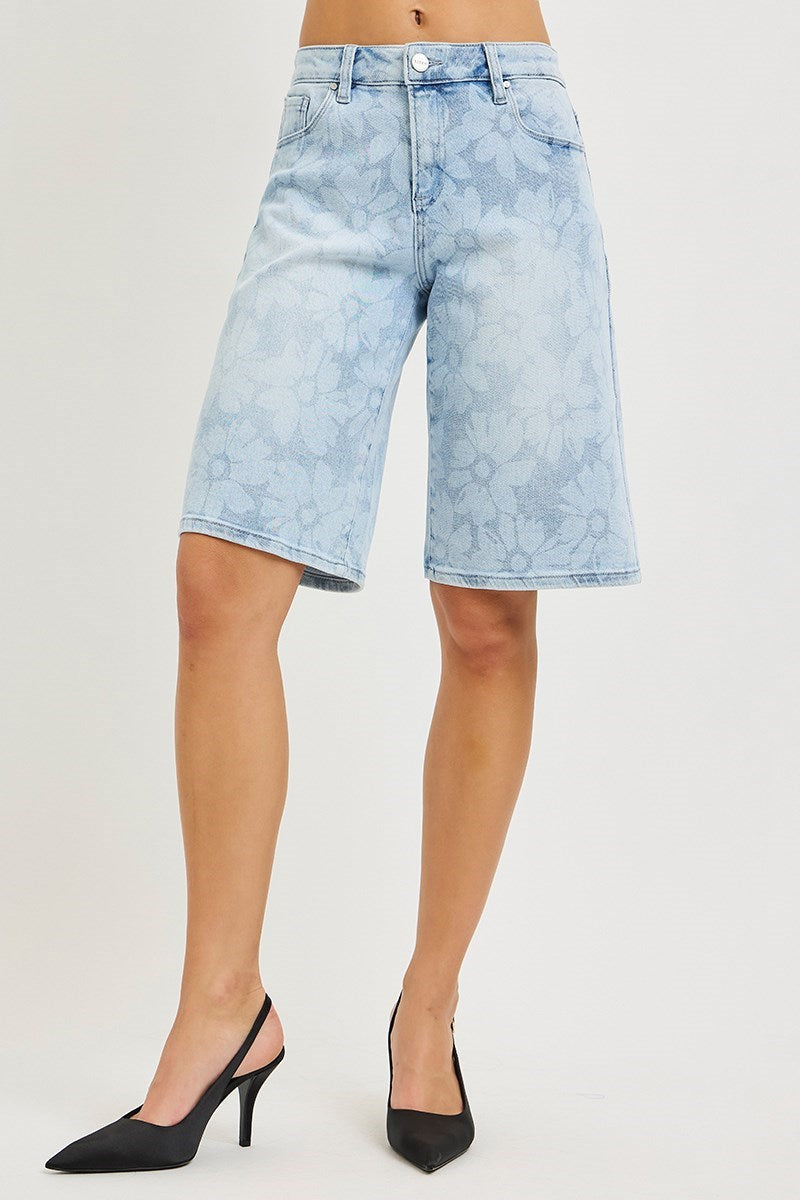 Blue Sky Floral Bermuda Shorts - front view on model, sky blue floral print bermuda, Spirit & Wind Boutique
