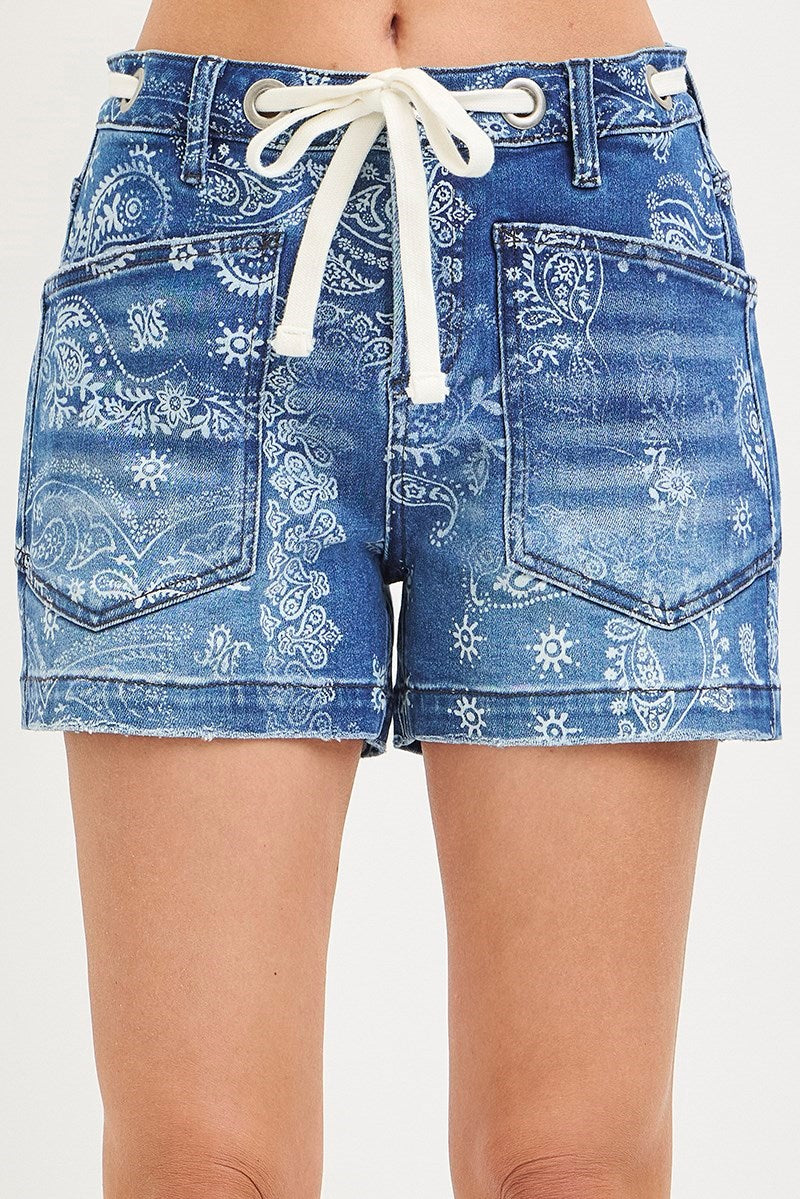 Close up of the Bandana Blues Paisley Patch Denim Short with Drawstring in Medium Wash 