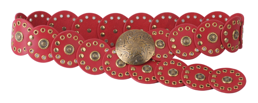 Red belt with gold circular studs on a white background