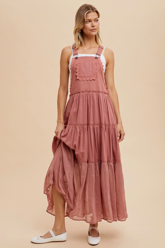 Embroidered Overall Dress with Lace Insets