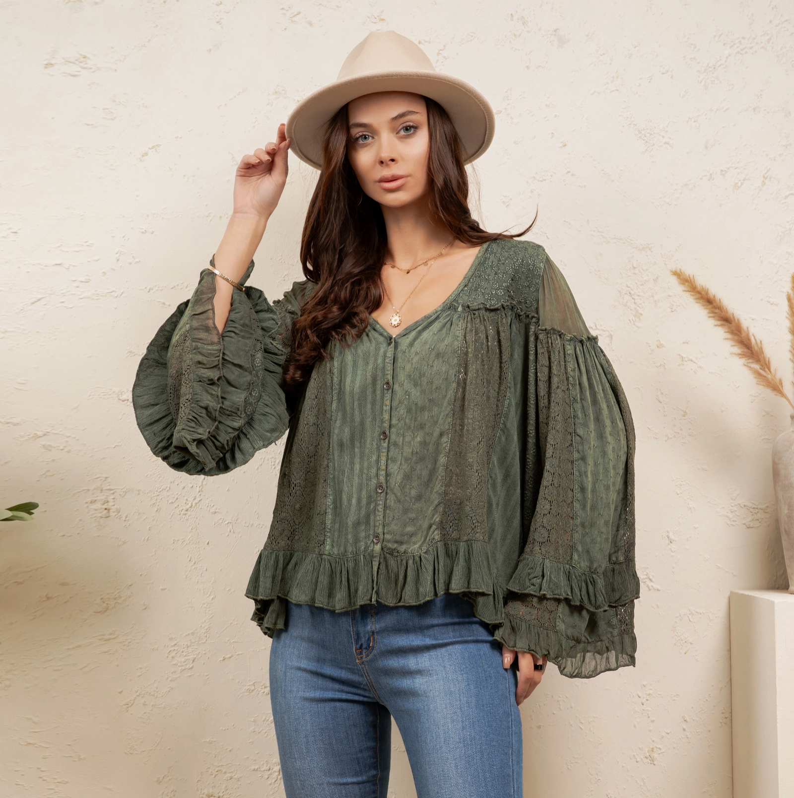(front, full body) — V-neckline, button-front, ruffle bell sleeves, denim styling