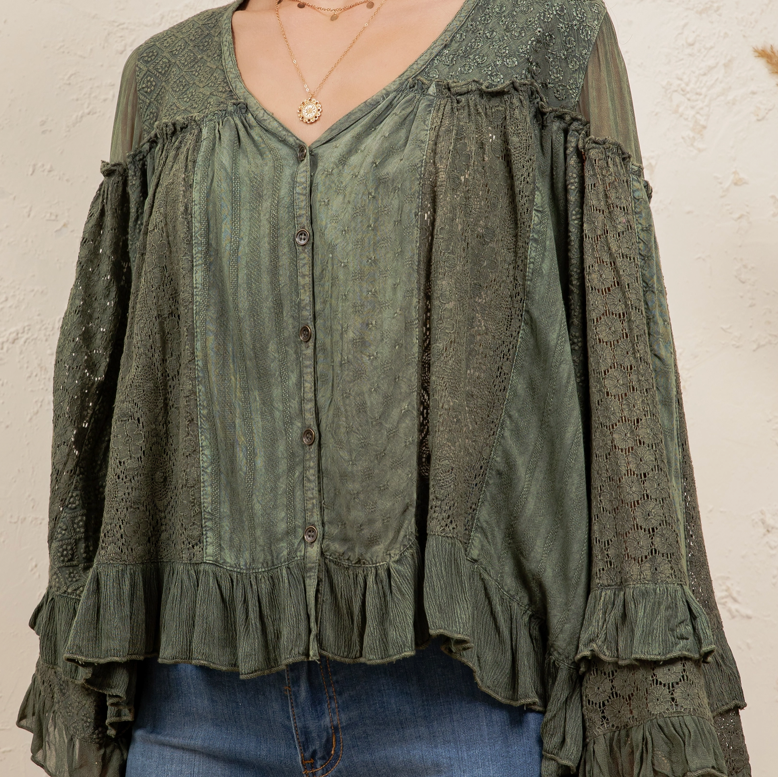 (close-up detail) — button-front, floral lace fabric, ruffle cuffs