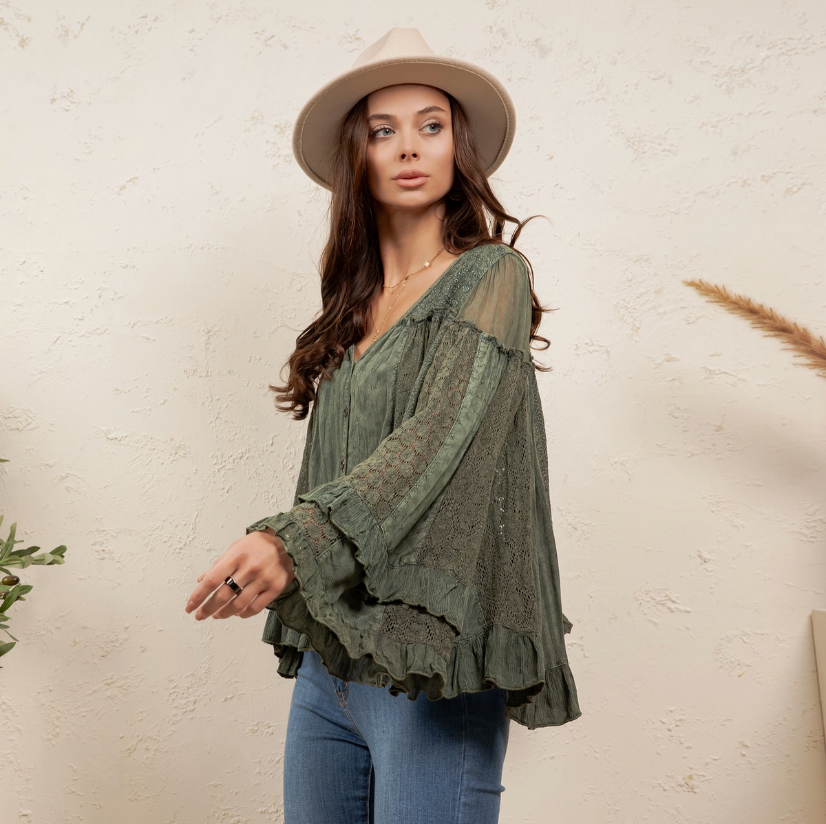 (side view) — flowy silhouette, lace texture, ruffle hem