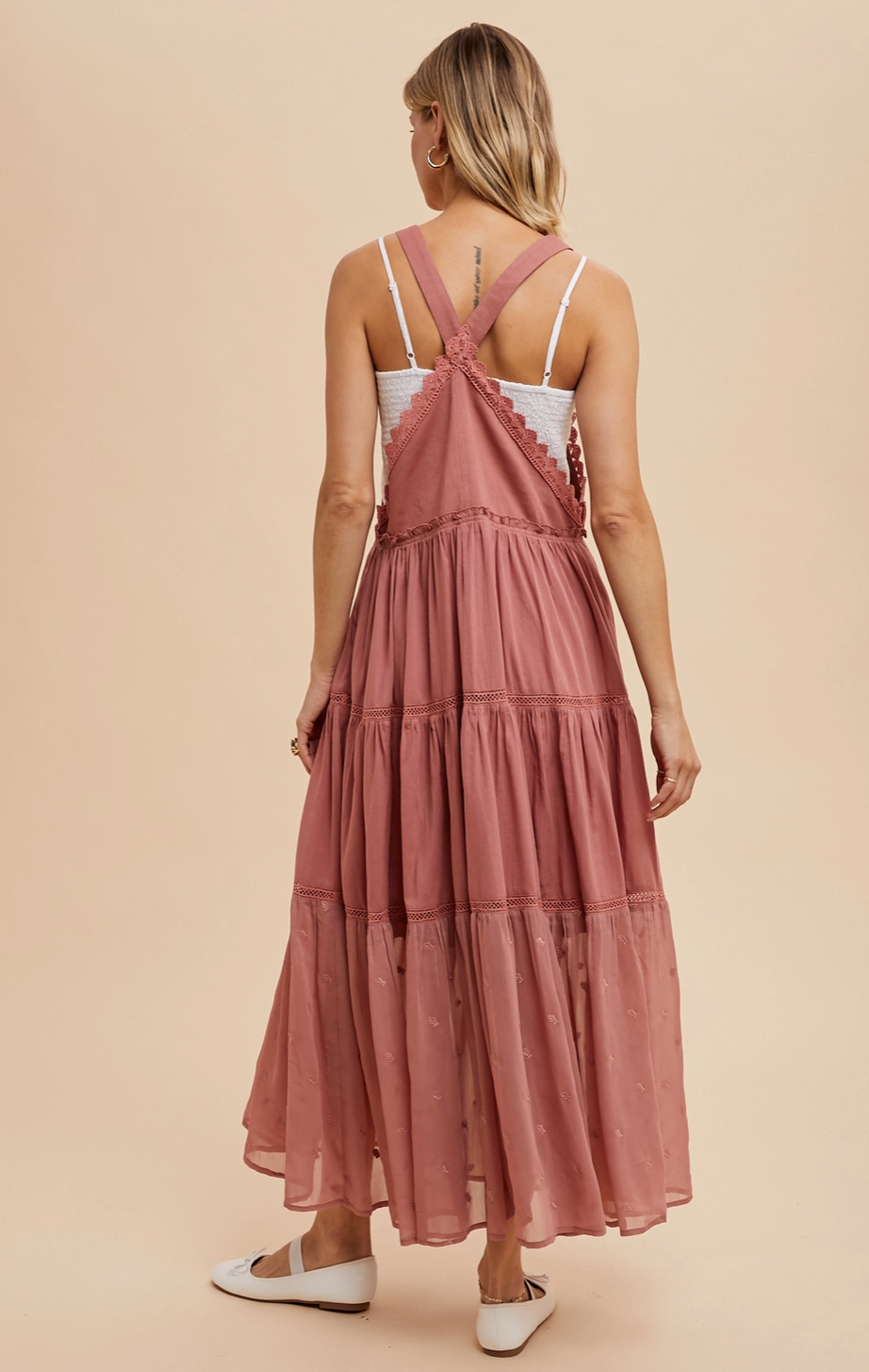 Embroidered Overall Dress with Lace Insets