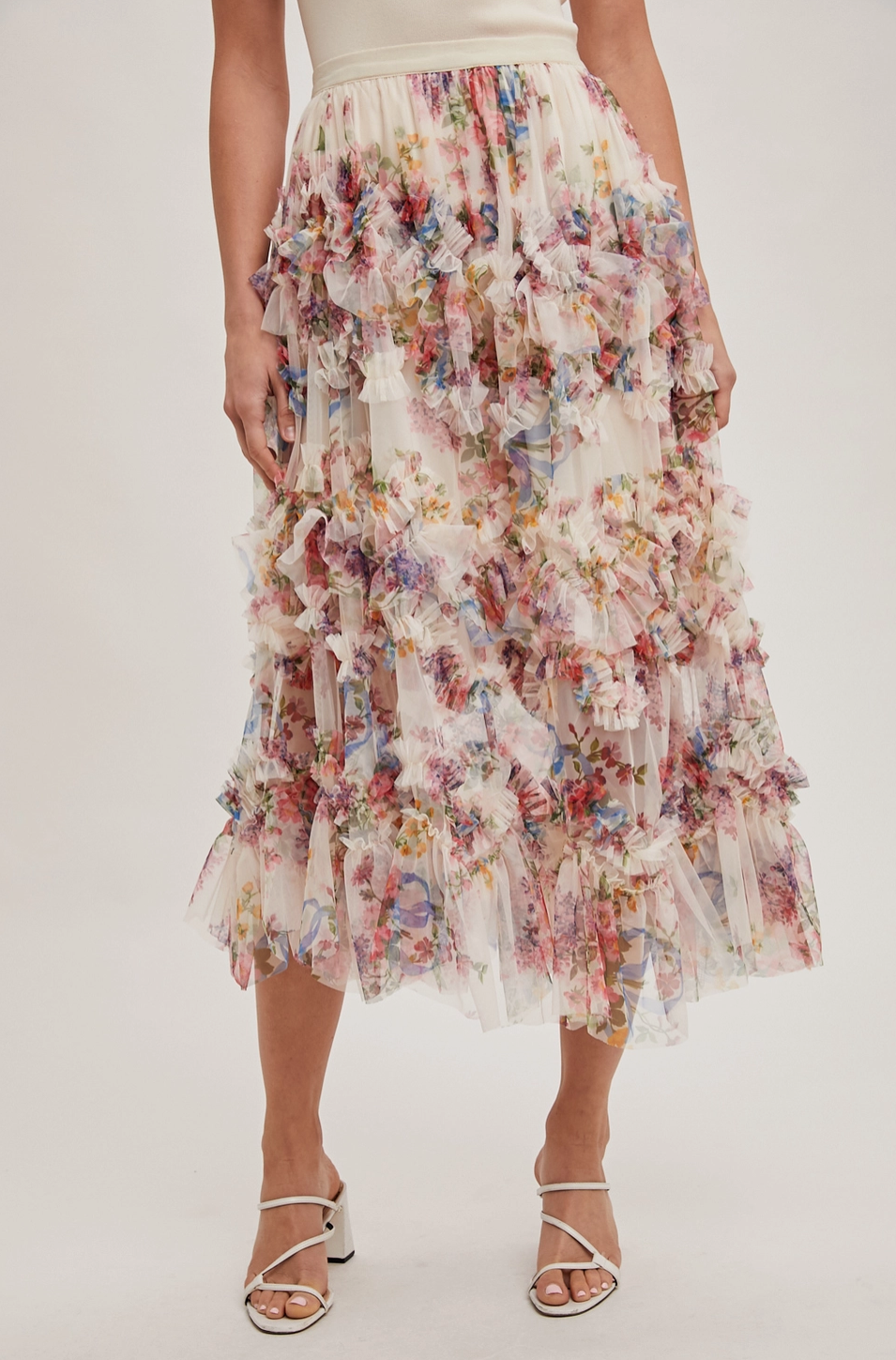 Floral Ruffled Mesh Midi Skirt