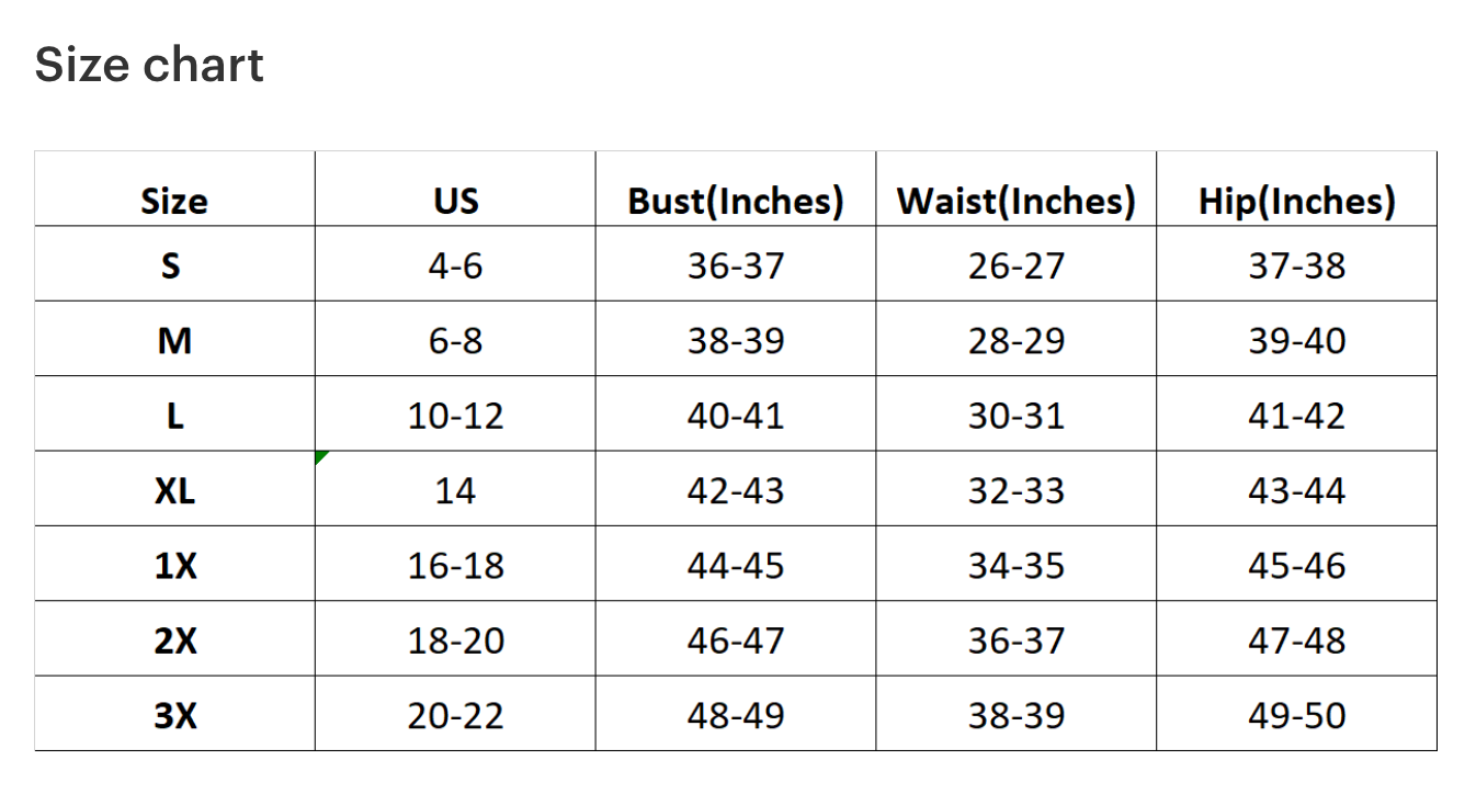 Size chart for clothing measurements in US, Bust, Waist, and Hip inches.