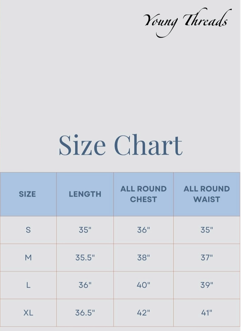 Size chart for Denim Fusion Tiered Midi Dress Grey by Young Threads — S, M, L, XL measurements for length, chest, and waist 