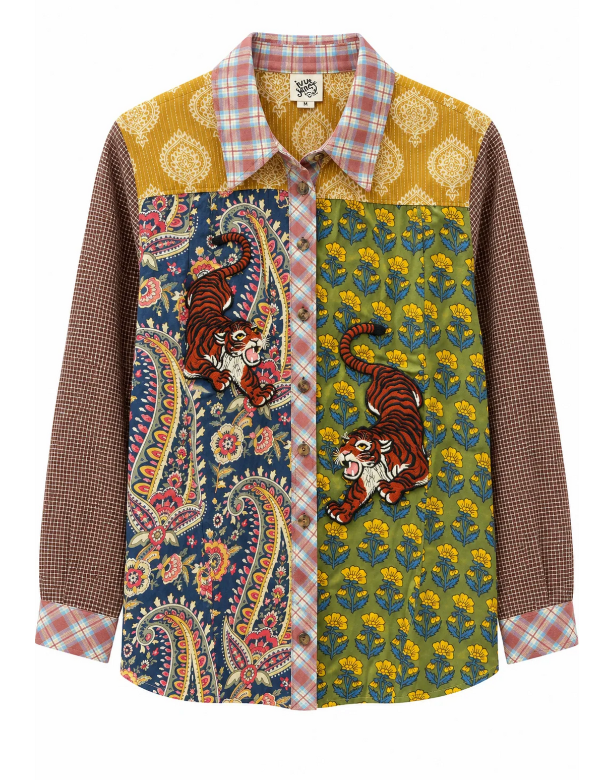 IVY JANE mixed-print button-up shirt with two embroidered tiger patches, navy paisley and olive floral panels, brown checked sleeves and plaid trim