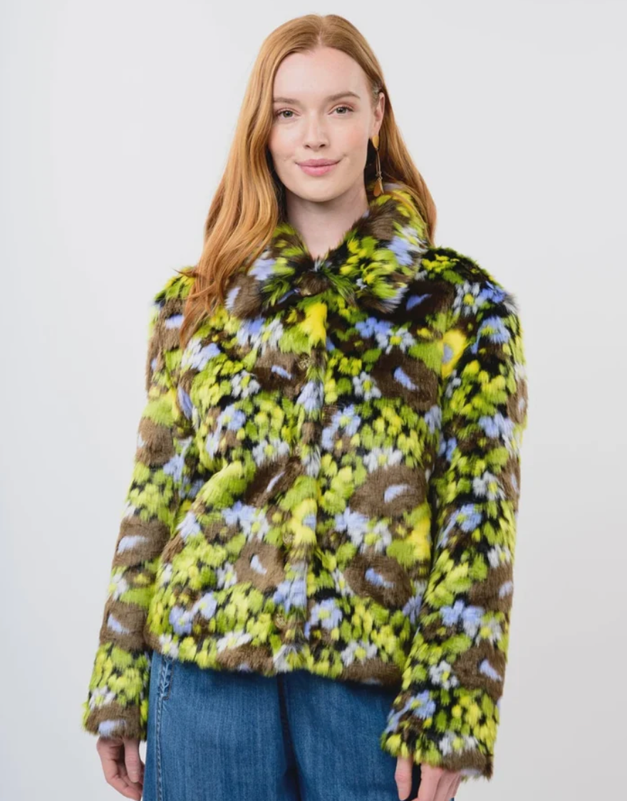 IVY JANE brown floral faux fur jacket with chartreuse and lavender-blue blooms, collared neckline and long sleeves, front view on model
