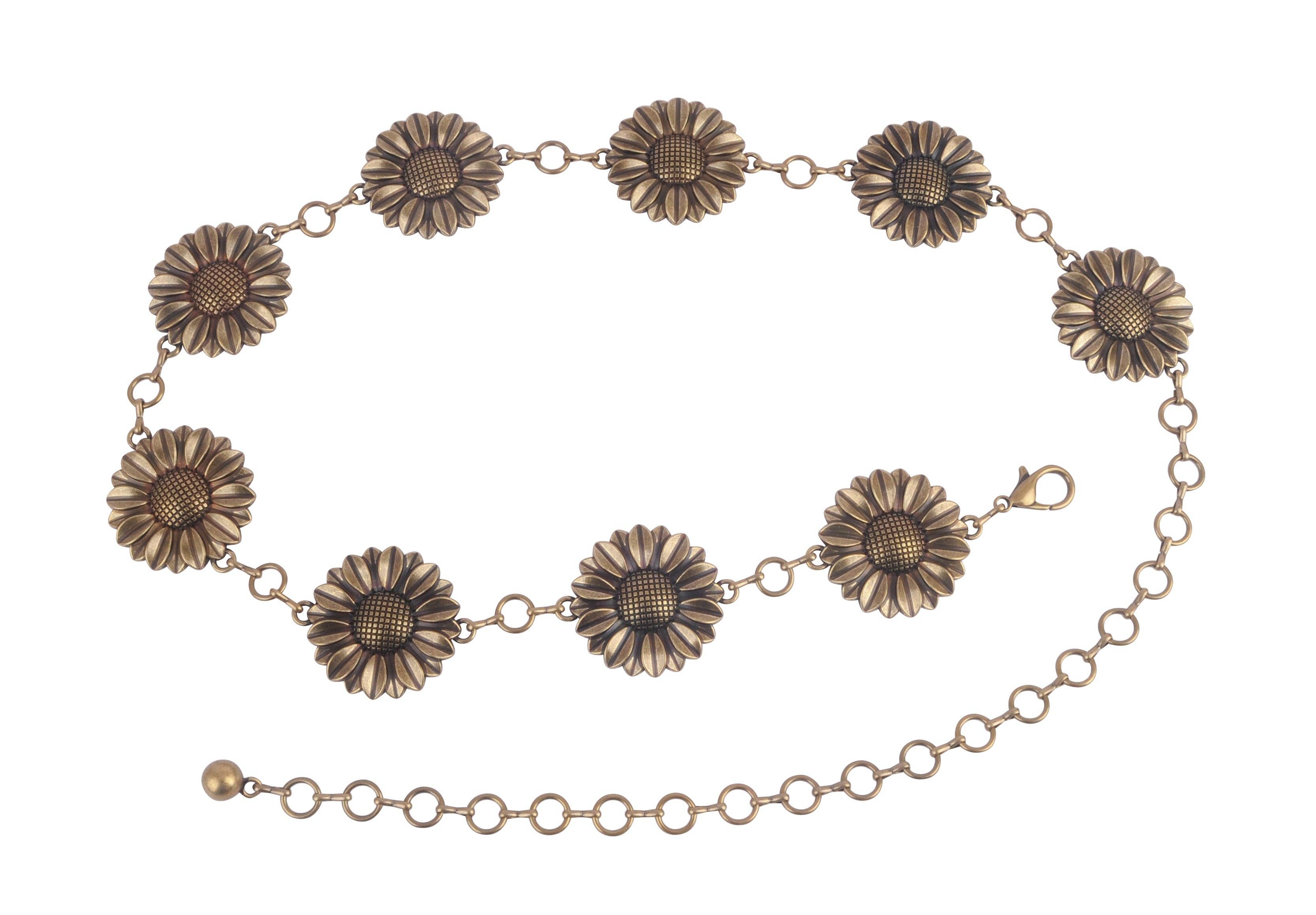 Bronze chain necklace with sunflower-shaped pendants on a white background