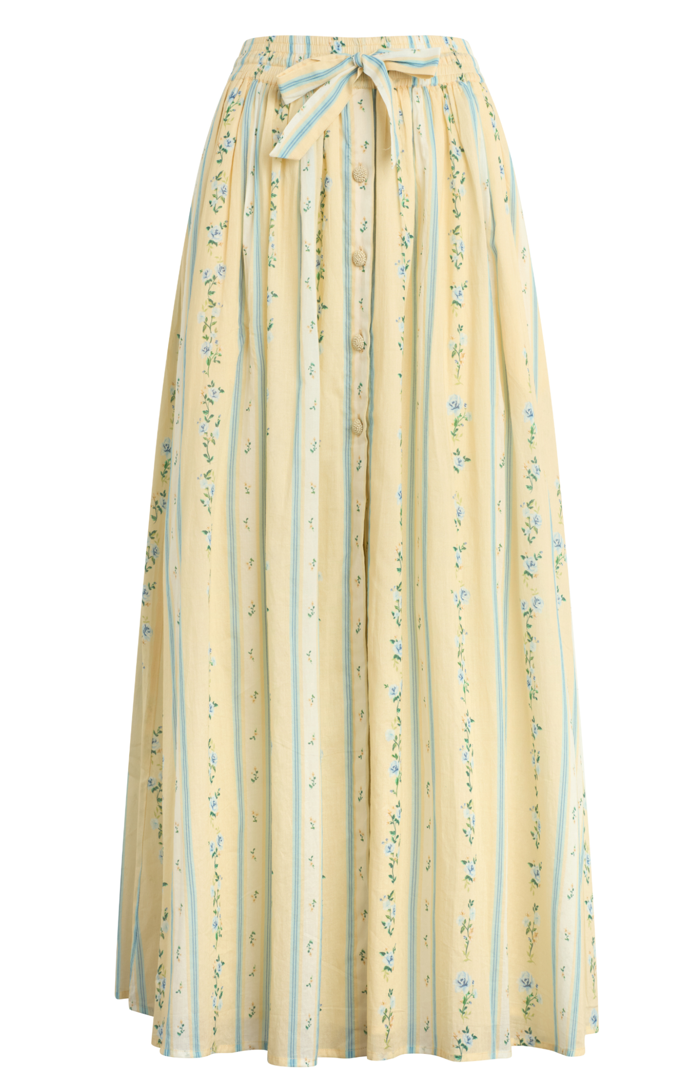 Long, light-colored skirt with a subtle pattern on a white background