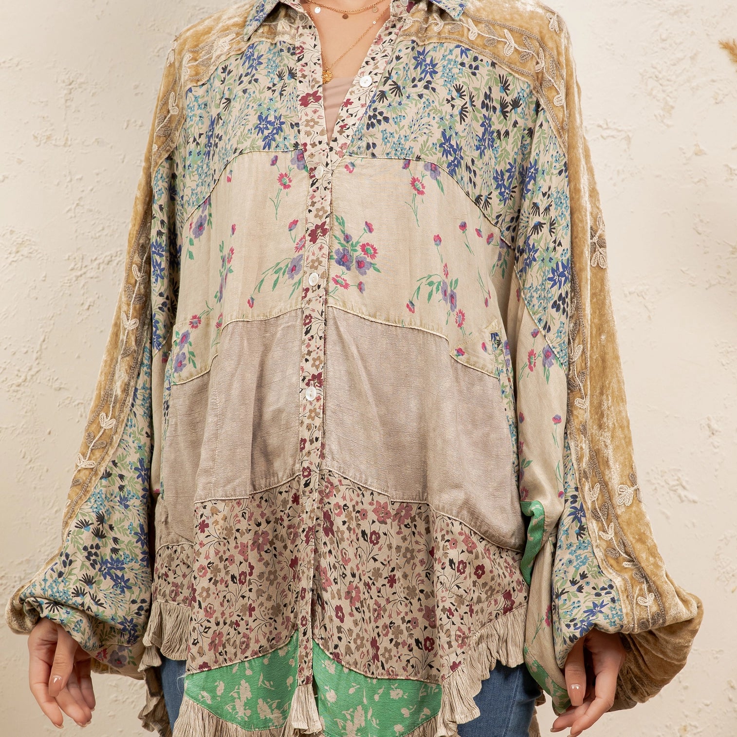 Vintage mixed print patchwork bat sleeve top in earthy taupe and floral — velvet panels, balloon sleeves with tassel trim, ruffle hem, boho-luxe style by Young Threads